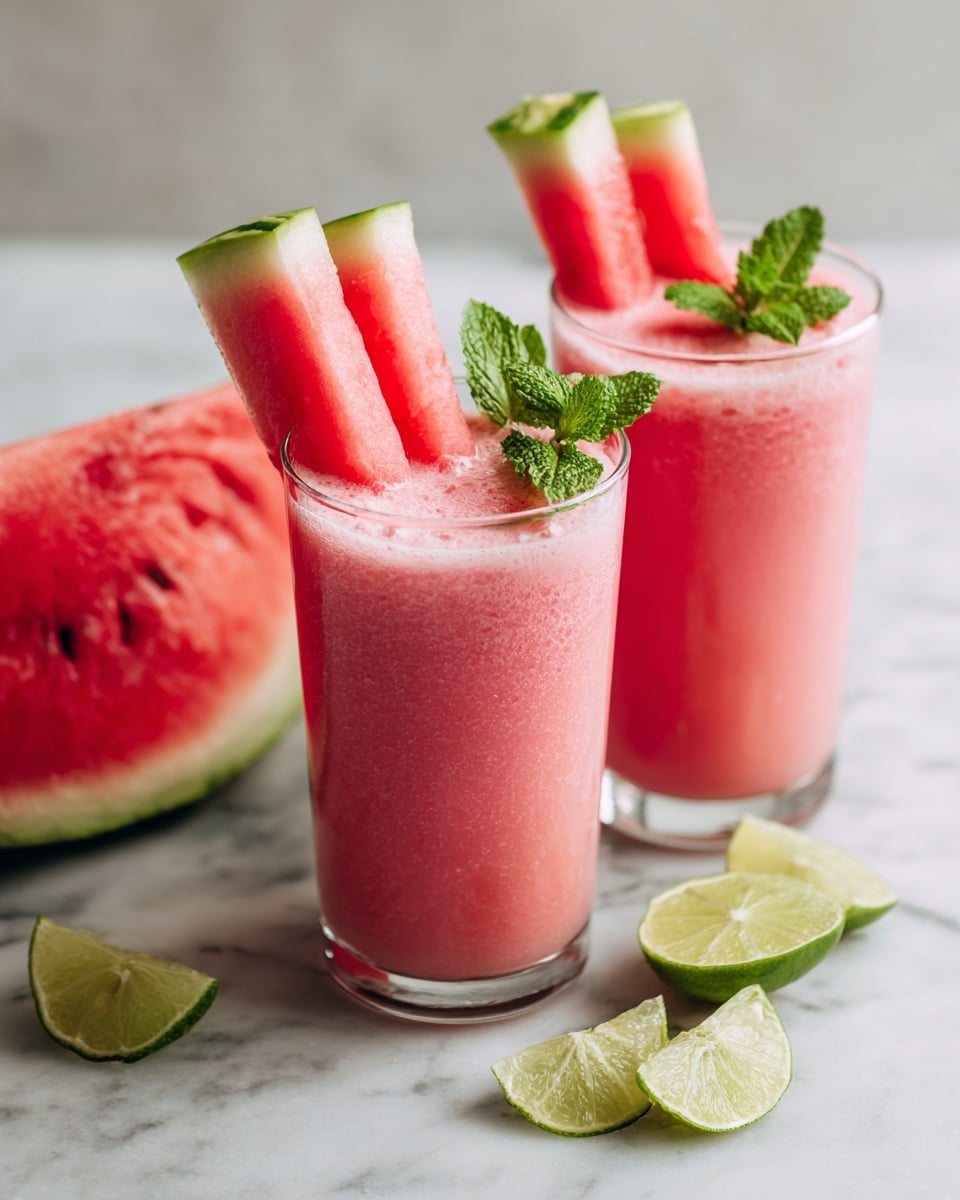 Two clear glasses full of pink watermelon smoothie sit on a white marbled surface. Each glass has two vertical slices of watermelon with pink flesh, white rind, and green skin, standing upright inside the smoothie. A sprig of bright green mint leaves is placed next to the watermelon slices in each glass. In the background, a large semicircle slice of watermelon with red flesh and green rind rests on the white marbled surface. In the foreground, several lime wedges with light green flesh are scattered on the same surface. Photo taken with an iphone --ar 4:5 --v 7