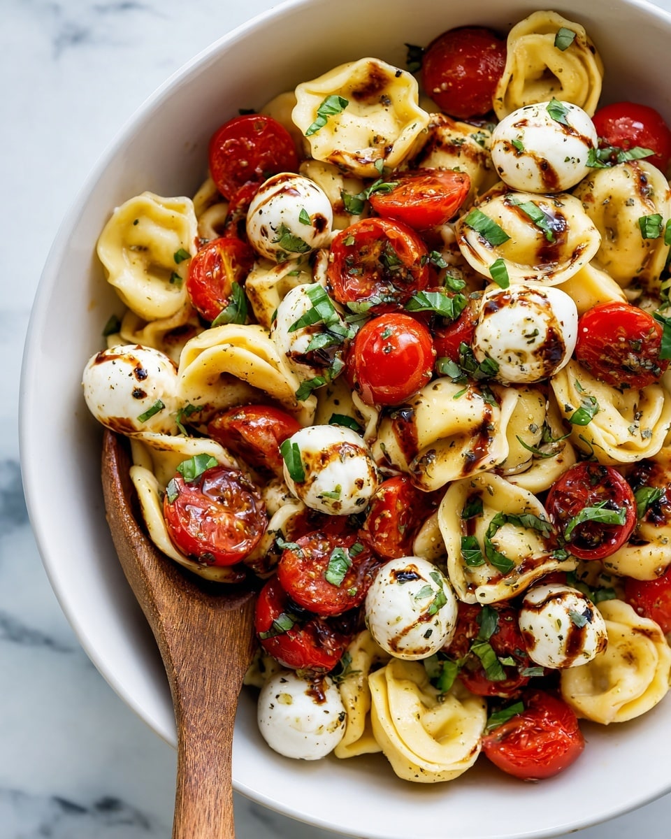 A close-up view of a pasta salad in a white bowl with a wooden spoon resting inside. The dish has three main layers: pale yellow stuffed pasta shapes forming the base, bright red halved cherry tomatoes scattered on top, and dark green chopped basil leaves mixed evenly throughout. Small, round white mozzarella balls with a slight brown balsamic glaze are placed among the pasta and tomatoes. The entire salad is lightly coated with a glossy dark balsamic dressing sprinkled with black pepper. The background is a white marbled texture. Photo taken with an iphone --ar 4:5 --v 7