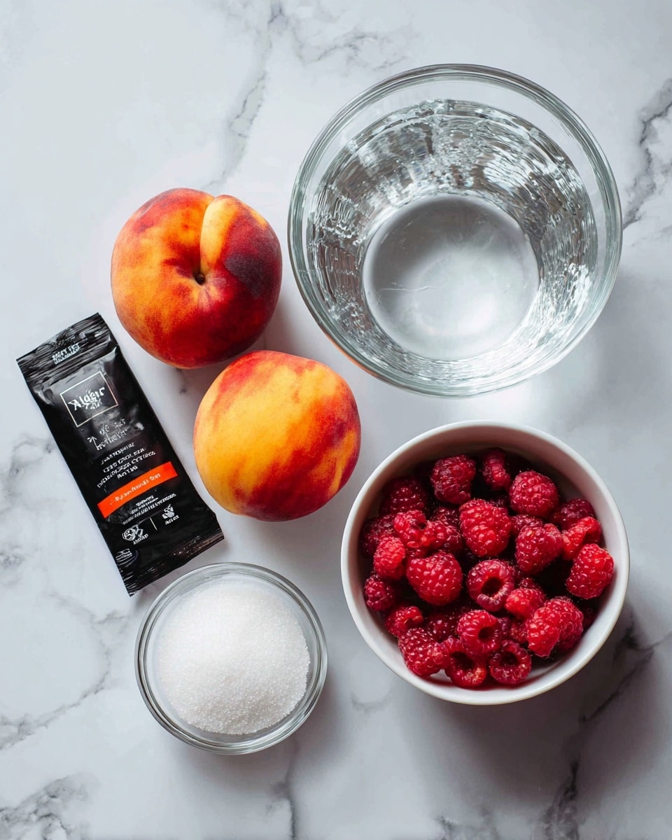 The image shows ingredients neatly placed on a white marbled surface. At the top center, there is a clear glass bowl filled with water. Below it, two whole peaches with orange and red hues are placed next to each other. To the left of the peaches is a black and orange packet of Assam black tea. On the bottom right, a white bowl filled with deep red frozen raspberries is visible. At the bottom left, a small clear glass bowl contains white sugar. Each item is clearly labeled with black and white tags. Photo taken with an iphone --ar 4:5 --v 7