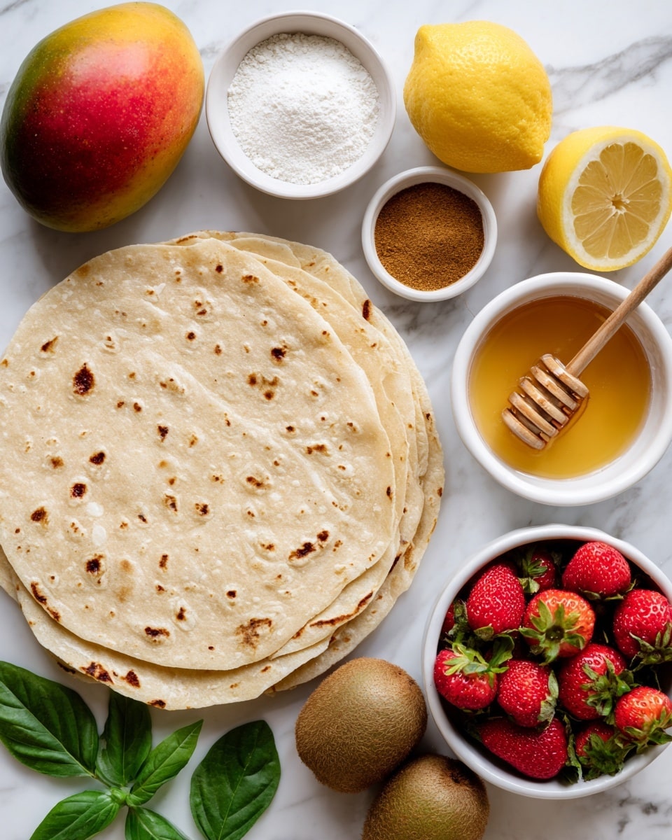 A flat stack of pale tortillas with light brown spots lies on the bottom left on a white marbled surface. To the right of the tortillas is a white bowl filled with bright red strawberries with green leaves. Above the bowl, a small white bowl holds a golden honey with a wooden honey dipper inside. Next to the honey, a small white bowl contains brown cinnamon powder. Two yellow lemon halves sit above the cinnamon. To the left of the honey is a white bowl with white sugar. On the left side near the top, there is a whole mango with red and green skin. Near the mango, two fuzzy peaches with pinkish-red and yellow skin are placed. Fresh green basil leaves are scattered near the top left corner. At the bottom right corner, several light brown kiwi fruits with rough skin rest on the white marbled surface. Photo taken with an iphone --ar 4:5 --v 7