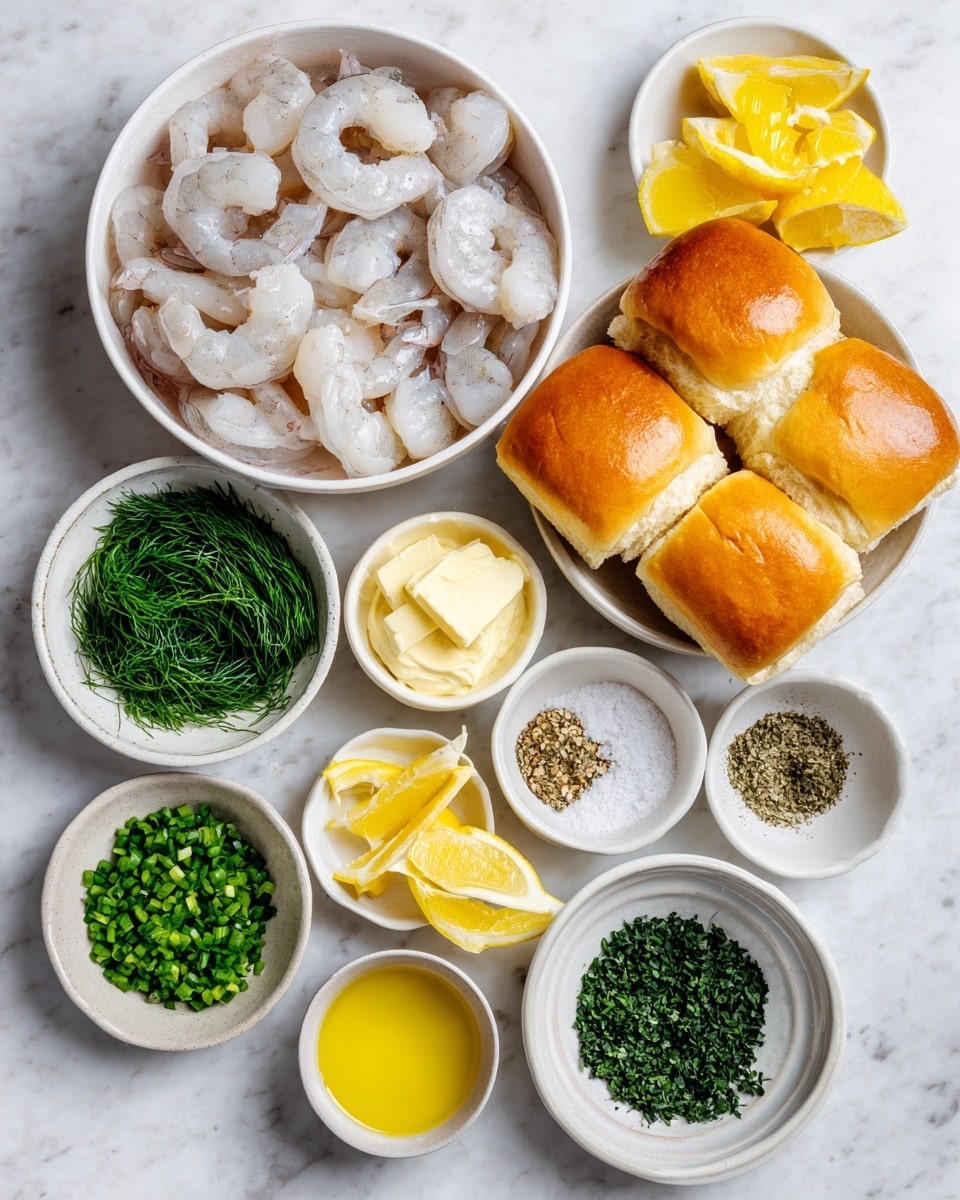 The image shows several white bowls and dishes arranged neatly on a white marbled surface, each holding different ingredients. There is one large bowl with pale raw shrimp, another large bowl with four golden brown split top buns, a small white bowl with bright yellow lemon wedges, and another small white bowl with chopped dark green tarragon. Other small white bowls contain light beige mayonnaise, golden olive oil, pale yellow lemon juice, warm yellow butter cut into slices, bright green chopped chives, a mix of black pepper and coarse white salt, and finely chopped fresh dill. The bowls are spread evenly, creating a calm and clean ingredient display. photo taken with an iphone --ar 4:5 --v 7