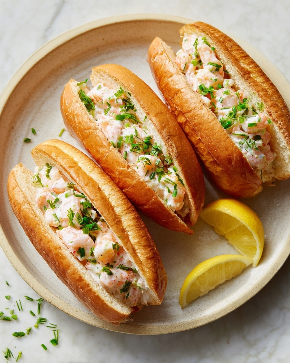 The image shows three shrimp rolls on a white plate with a white marbled surface. Each roll has a soft golden-brown bun on the bottom layer with a slightly shiny texture. The top layer is a generous pile of small cooked shrimp mixed with chopped green herbs, giving a fresh green speckled look among the pale pink shrimp. In the background, there are two lemon wedges, bright yellow and slightly shiny. A woman's hand with a nail painted with strawberries gently holds the nearest shrimp roll from the right side of the image. The lighting is soft and natural, highlighting the textures well. Photo taken with an iphone --ar 4:5 --v 7