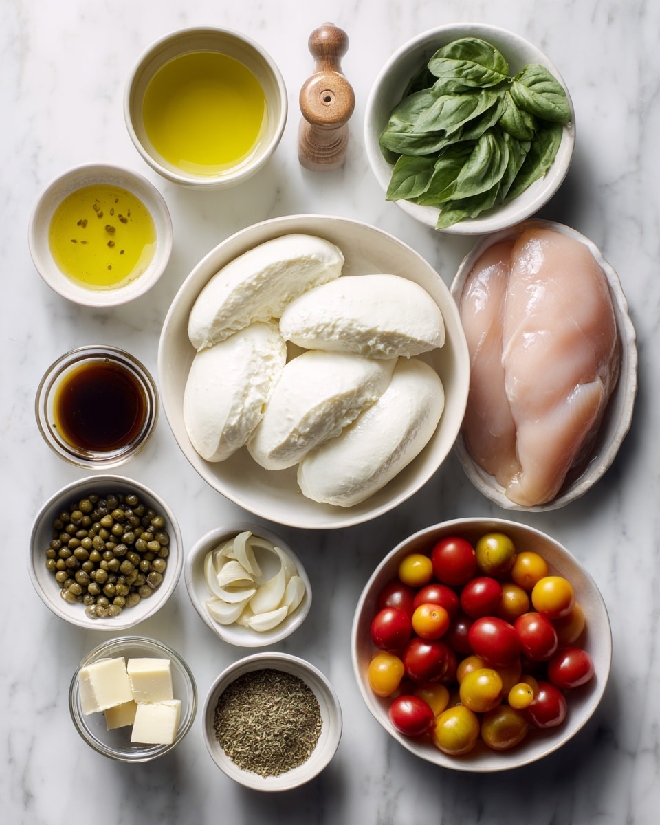 The image shows several ingredients arranged neatly on a white marbled surface. At the center is a bowl filled with four large, smooth, white layers of mozzarella cheese slices. Below and slightly to the right is a bowl with three light pink chicken cutlets laying flat. On the top right, a small white bowl holds fresh green basil leaves with a slightly shiny texture. Next to it, another white bowl is filled with round, shiny cherry tomatoes in red and yellow colors. Moving left, there is a small white bowl with dark green, oval capers. To the left of the capers, a bowl contains a golden yellow liquid of olive oil. Underneath, thinly sliced white garlic rounds fill a small white bowl. A clear glass cup holds a dark brown liquid of balsamic vinegar near the garlic. Lower left corner shows two small cubes of pale butter on a white bowl. Nearby, a small glass container holds amber honey. Two small bowls hold salt (white grains) and coarse black pepper. There is a wooden pepper grinder visible. At the bottom center, a small bowl contains fine white Parmigiano Reggiano cheese. Another small dish holds dried oregano, dark green and flaked. Near the chicken bowl, a glass with a pale yellow white wine is visible. The setup is well lit and organized, photo taken with an iphone --ar 4:5 --v 7