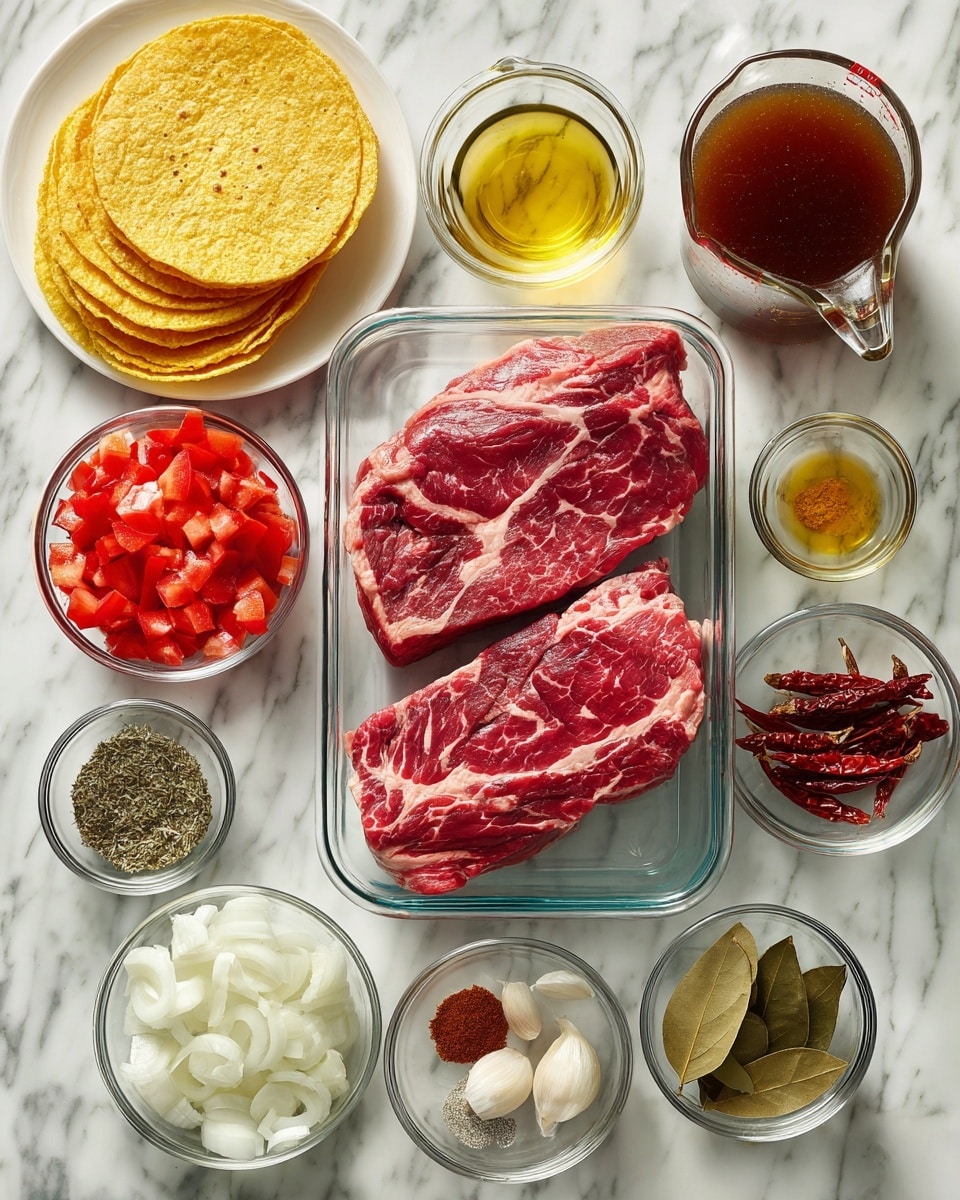 The image shows a white marbled surface with various clear glass bowls and containers holding ingredients arranged neatly. In the center is a rectangular glass container with two large pieces of red boneless beef chuck roast showing marbling. To the top left, a white plate holds a stack of yellow corn tortillas. To the top right, a clear glass measuring cup contains dark brown beef broth. Surrounding these are small glass bowls with colorful ingredients: bright red diced tomatoes, white sliced onion, yellow oil, light brown apple cider vinegar, and small piles of green dried oregano, black salt and pepper, light brown ground cumin, and dried bay leaves. There are also darker dried guajillo and ancho chilies and three pale garlic cloves in a small bowl. All items are spaced out on the white marbled background. photo taken with an iphone --ar 4:5 --v 7