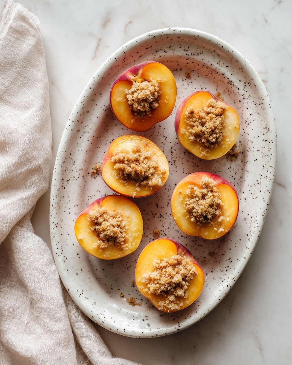 The image shows a white speckled oval dish placed on a white marbled surface, with six peach halves neatly arranged inside. On the left side of the dish, the peach halves are plain, showing the smooth orange skin and the hollow center where the pits were removed. On the right side, each peach half is topped with a crumbly, light brown streusel mixture, spread evenly to cover the peach flesh. A light beige cloth is seen in the background, adding softness to the setting. The colors include soft orange from the peaches, light brown from the streusel, and white with black speckles from the dish. photo taken with an iphone --ar 4:5 --v 7