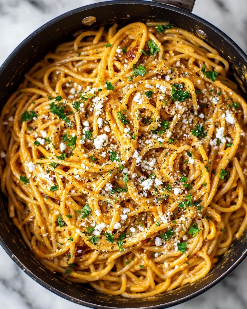 A close-up view shows creamy spaghetti pasta lifted by a fork, with noodles coated in a thick, light orange sauce. The pasta strands are long and smooth, winding tightly around the fork. The background features the same spaghetti and sauce in a large black pan with some fresh green herb leaves sprinkled on top, adding a touch of color. The sauce appears rich and slightly chunky, clinging to the noodles while little bits of sauce dot the pan’s sides. The surface beneath is a white marbled texture. photo taken with an iphone --ar 4:5 --v 7