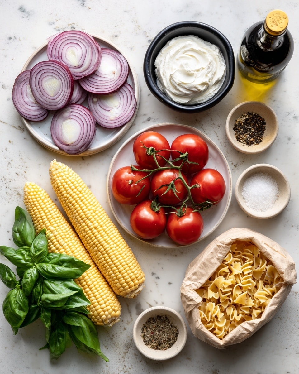 The image shows fresh ingredients arranged on a white marbled surface. On the top left, there is a white plate with thin purple and white slices of red onion. Next to it is a small black bowl filled with smooth, creamy white mascarpone cheese. Below that, a white plate holds bright red cherry tomatoes still on their green vine. To the left, two fresh light yellow corn cobs lie side by side. At the bottom left, a bunch of fresh green basil leaves with stems extend downward. To the right of the cherry tomatoes, there is a beige bag of egg nest pasta with visible pasta shapes inside. A small white bowl containing grated parmigiano reggiano cheese sits near the pasta bag. Two small beige bowls hold kosher salt and black pepper. To the top right, a dark bottle of extra virgin olive oil with a gold cap stands upright. Everything is set neatly with labels beside each ingredient. photo taken with an iphone --ar 4:5 --v 7
