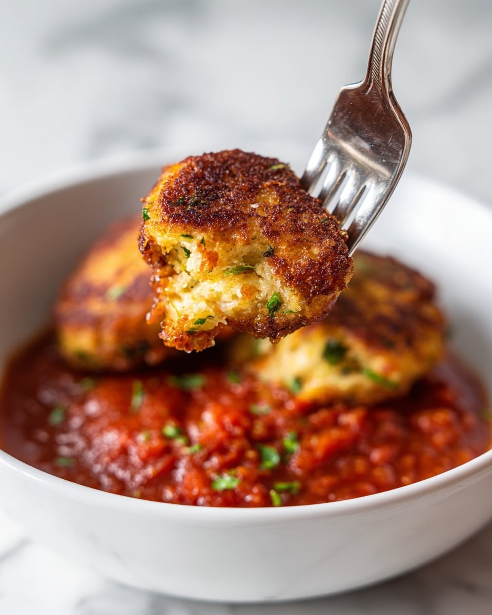A golden brown, round fritter is being lifted by a silver fork above a white bowl filled with chunky red tomato sauce. The fritter has a crispy texture with small green flecks visible on its surface, showing it was cooked well. The sauce beneath is thick and smooth with bits of tomato, covering the bottom of the bowl. The background is a white marbled texture, adding a clean and simple look. Photo taken with an iphone --ar 4:5 --v 7