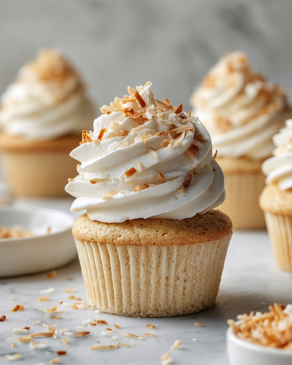 A close-up view of a light beige cupcake with its white paper liner peeled back, revealing a soft and moist texture inside. The cupcake has one big swirl of thick white frosting on top, decorated with small brown toasted coconut flakes scattered over the frosting. The background shows two more cupcakes with the same white frosting and sprinkled coconut flakes, all set against a white marbled surface with hints of soft blue tones blurred in the distance. Photo taken with an iphone --ar 4:5 --v 7