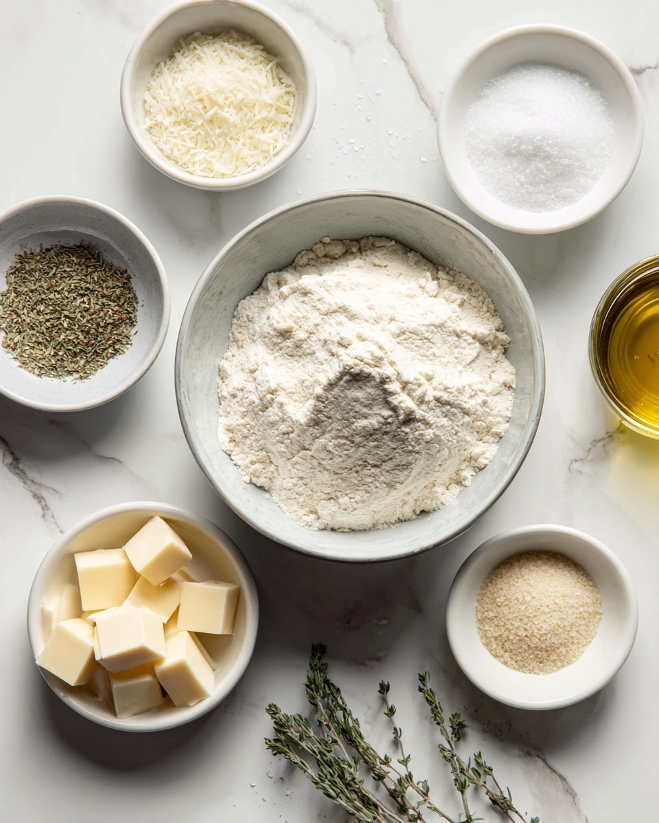 A top view shows several small white bowls and a metal mixing bowl arranged on a white marbled surface. The mixing bowl holds a mound of white bread flour with a slightly coarse texture. Around it, there are small white bowls containing clear water, flaky sea salt with larger white crystals, fine sea salt with fine grains, granulated sugar with fine white crystals, beige dry yeast granules, green dried thyme leaves, extra virgin olive oil with a smooth golden liquid, and pale yellow gruyère cheese cut into small cubes. Each bowl is neatly spaced, emphasizing the clean and organized setup. photo taken with an iphone --ar 4:5 --v 7