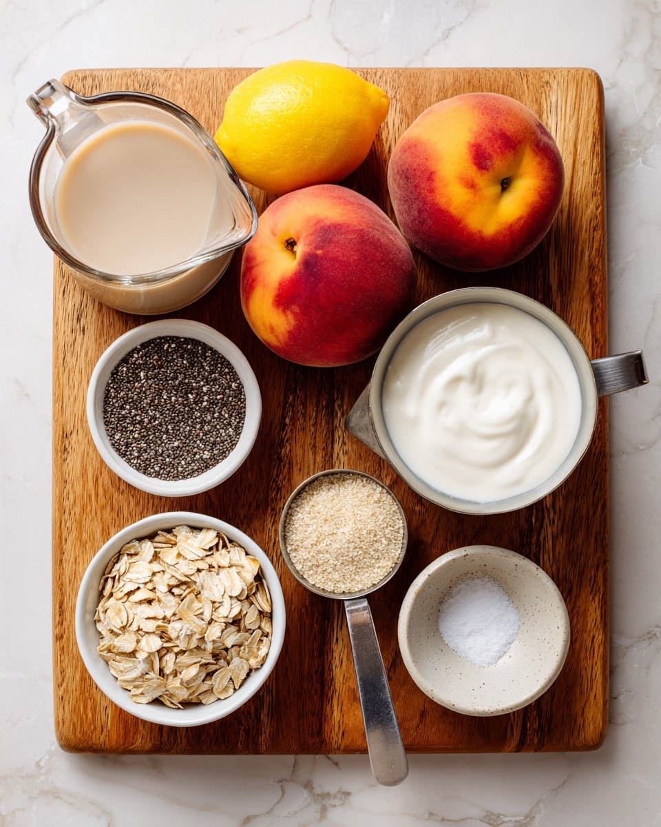 A wooden board holds an arranged set of ingredients with seven items: a clear glass measuring cup on the left filled with a light beige liquid, a bright yellow lemon next to it, two ripe peaches with red and orange skin tones placed on the right side, a metal measuring cup at top right filled with thick white yogurt, a small white bowl filled with tiny black chia seeds at the center, a small white bowl on the bottom left containing light tan rolled oats, another small white bowl beside it filled with light brown almond flour, and a small white bowl with a dark rim on the bottom right containing white salt and ground pepper together. The background is a white marbled texture. Photo taken with an iphone --ar 4:5 --v 7