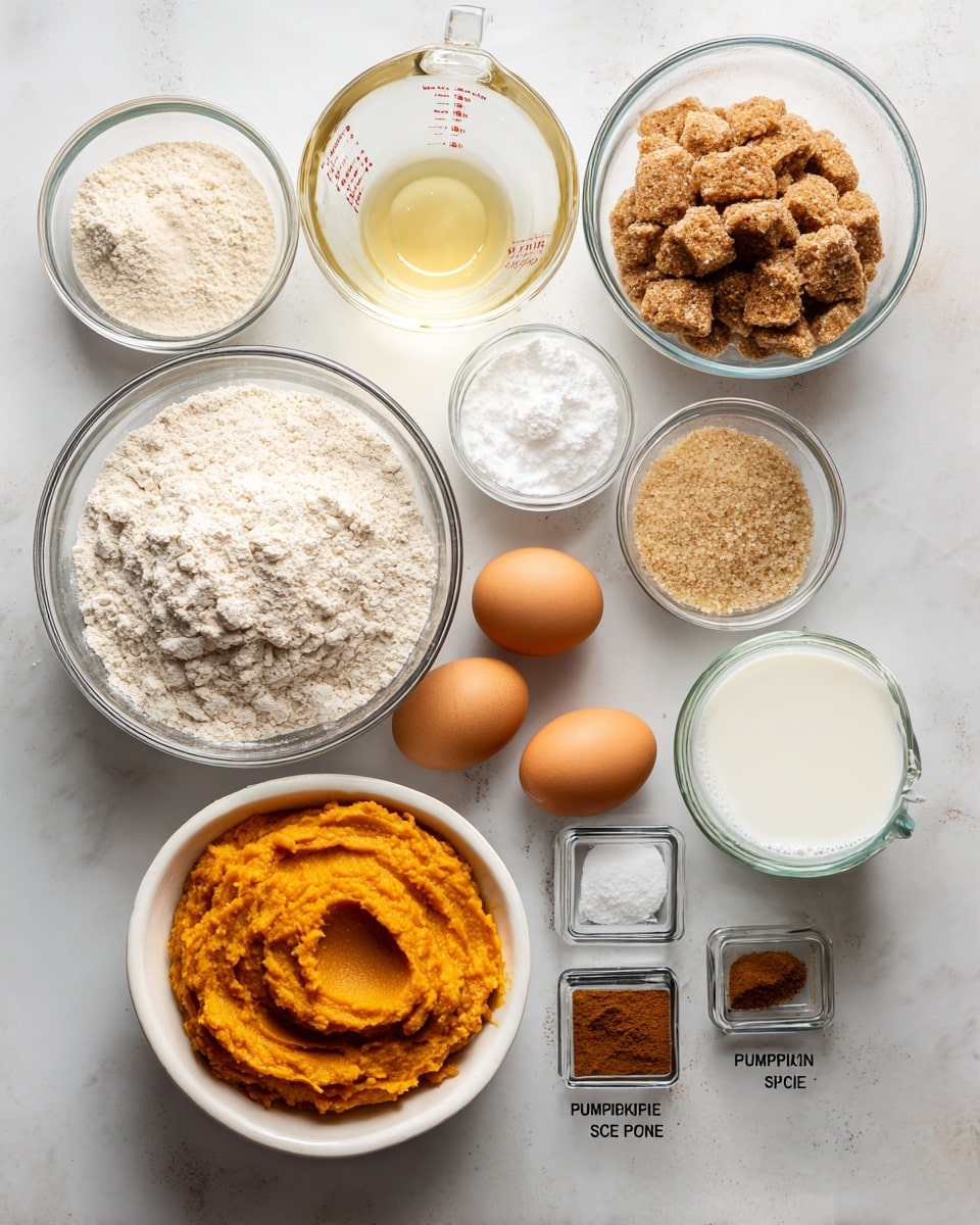 A top-down view of various baking ingredients arranged on a white marbled surface. There is a large clear glass bowl in the center filled with light beige flour mixed with baking soda. To its top right, a medium clear glass bowl holds a mix of brown and white sugars, textured and grainy. Above the center is a clear glass measuring cup filled with a pale yellow oil. Below the flour bowl is a white bowl heaped with bright orange pumpkin puree showing a smooth, thick texture. To the right of that is a clear glass measuring cup containing white milk. Two whole brown eggs sit near a small silver metal bowl of white salt. Two small clear glass bowls hold ground cinnamon and ground ginger, with a square glass jar labeled