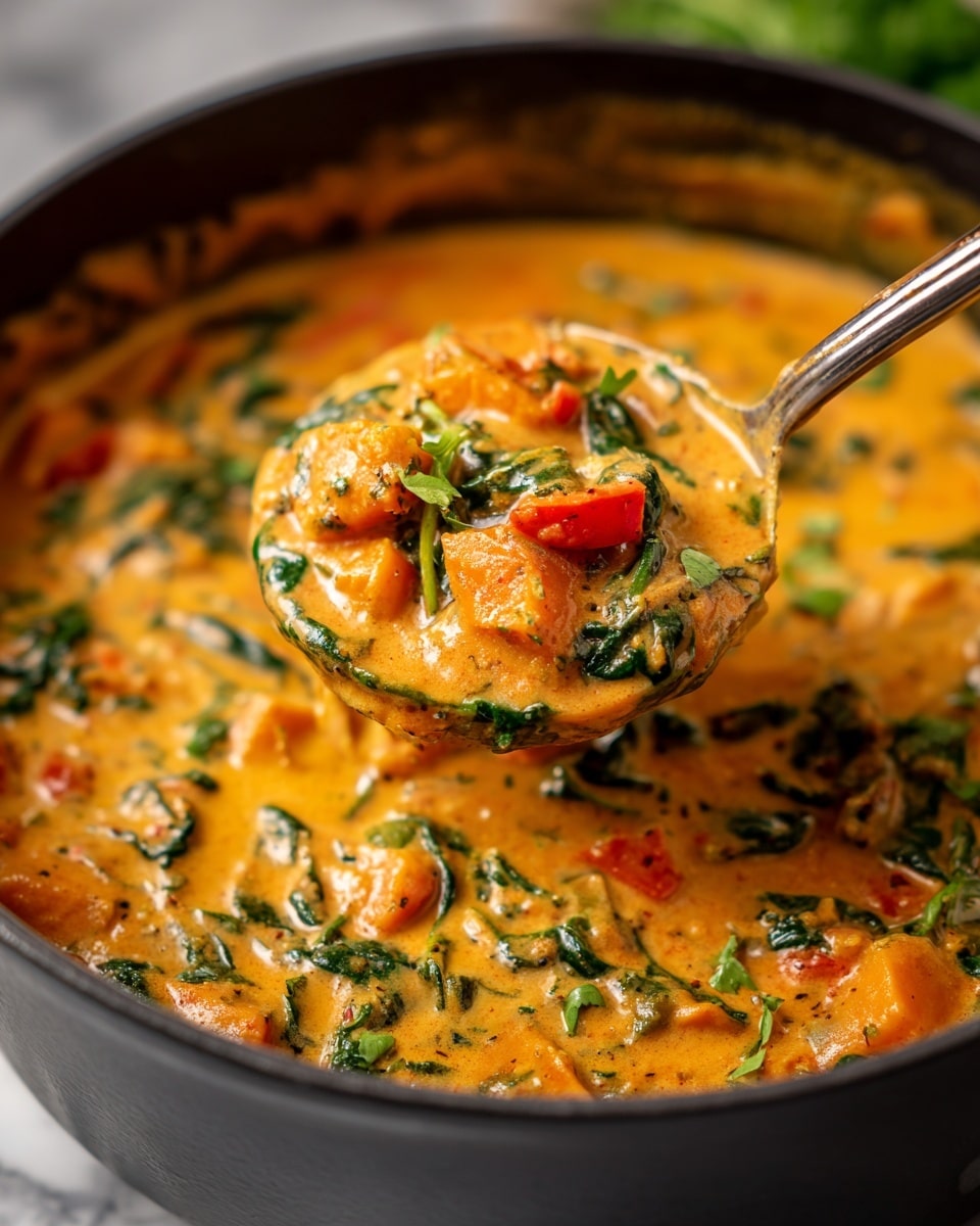 The image shows a black pot filled with thick orange curry soup that has chunks of orange sweet potato, bright green spinach leaves, chickpeas, and small pieces of red bell pepper mixed inside. The curry has a creamy texture and fills most of the pot, with some bits of food stuck to the sides. The pot is placed on a white marbled surface with fresh green cilantro leaves slightly blurred in the background. photo taken with an iphone --ar 4:5 --v 7