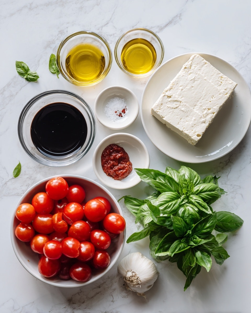 The image shows fresh ingredients neatly arranged on a white marbled texture. At the center right, a block of firm tofu rests on a white plate. Above it are three small transparent glass bowls filled with olive oil (golden yellow), balsamic vinegar (deep dark brown), and tomato paste (rich red). Below the tofu, two tiny white bowls hold salt (white crystals) and crushed red pepper (red flakes). To the left of the tofu, lush green basil leaves and a single white garlic clove lie directly on the surface. At the bottom left corner, a white bowl is filled with round, shiny red cherry tomatoes. All items are spaced out in an organized way with labels indicating each ingredient name. The photo taken with an iphone --ar 4:5 --v 7