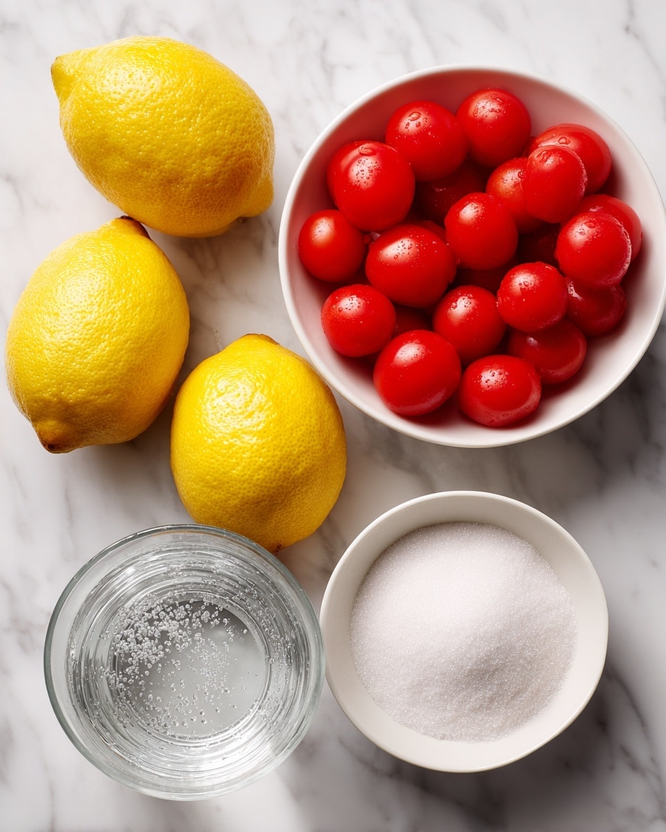 The image shows five bright yellow lemons clustered on the left side, each with a smooth, slightly shiny texture and oval shape. To the right of the lemons, there is a white bowl filled with fine white sugar that looks soft and powdery. Below the sugar bowl is another white bowl full of shiny, round red cherry tomatoes piled high. At the bottom of the image, two clear glasses filled with water sit side by side on a white marbled surface: the left glass contains sparkling water with small bubbles, while the right glass holds still water that looks clear and smooth. The background is a clean white marble texture. photo taken with an iphone --ar 4:5 --v 7