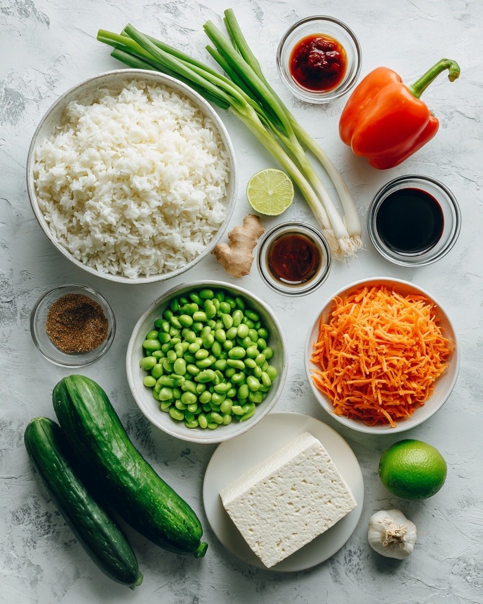 A collection of fresh ingredients neatly arranged on a white marbled surface, including a large white bowl filled with fluffy white cooked rice, a smaller white bowl piled with bright green shelled edamame, and another white bowl heaped with finely shredded orange carrot. There is a block of super firm tofu placed on a white plate near two fresh dark green cucumbers and a vibrant orange and red bell pepper. Several fresh green onions with long green stems lie beside the pepper. A whole green lime, a piece of ginger root, a peeled garlic clove, and small glass bowls containing dark soy sauce, thick hoisin sauce, reddish sriracha, amber toasted sesame oil, and light avocado oil are spread around. Additionally, a small bowl of brownish five spice powder is included. Photo taken with an iphone --ar 4:5 --v 7