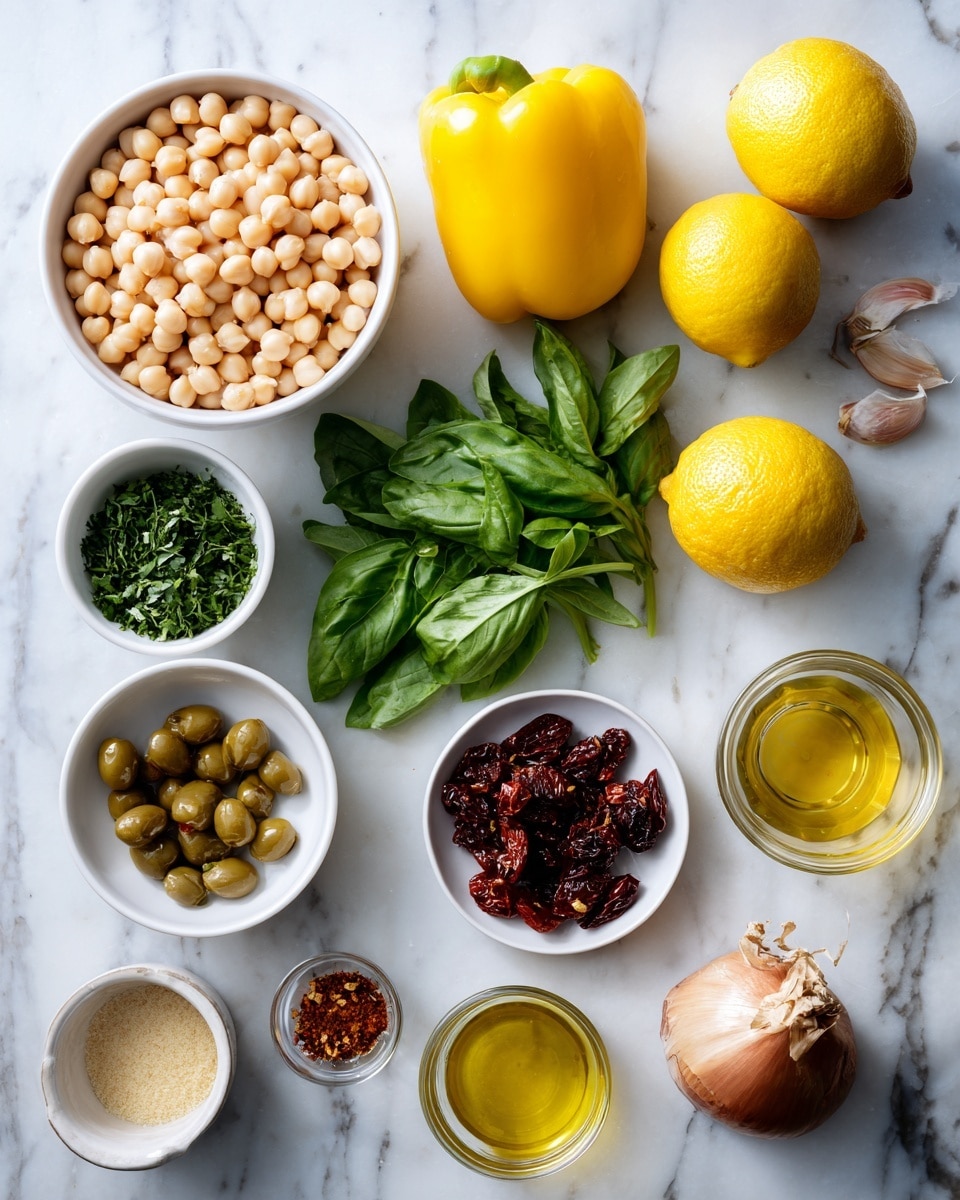 The image shows an overhead view of various fresh ingredients arranged on a white marbled surface. There are two white bowls filled with pale yellow chickpeas and light beige cannellini beans placed near the top left and middle right. A whole bright yellow bell pepper and two yellow lemons sit near the center top, next to a small bunch of fresh dark green basil leaves. Smaller white bowls hold finely chopped dark green parsley, dark red sun-dried tomatoes, and small green capers near the bottom. Two small clear glass bowls contain a golden yellow oil and a clear white wine vinegar, while a tiny white dish holds chili flakes. A peeled shallot with a brownish-purple skin lies near the center right. A tiny bowl of light tan Dijon mustard and a small glass jar of caper brine are also included. The colors are vibrant and fresh, and the items are neatly arranged in a well-lit, clean setting. Photo taken with an iphone --ar 4:5 --v 7