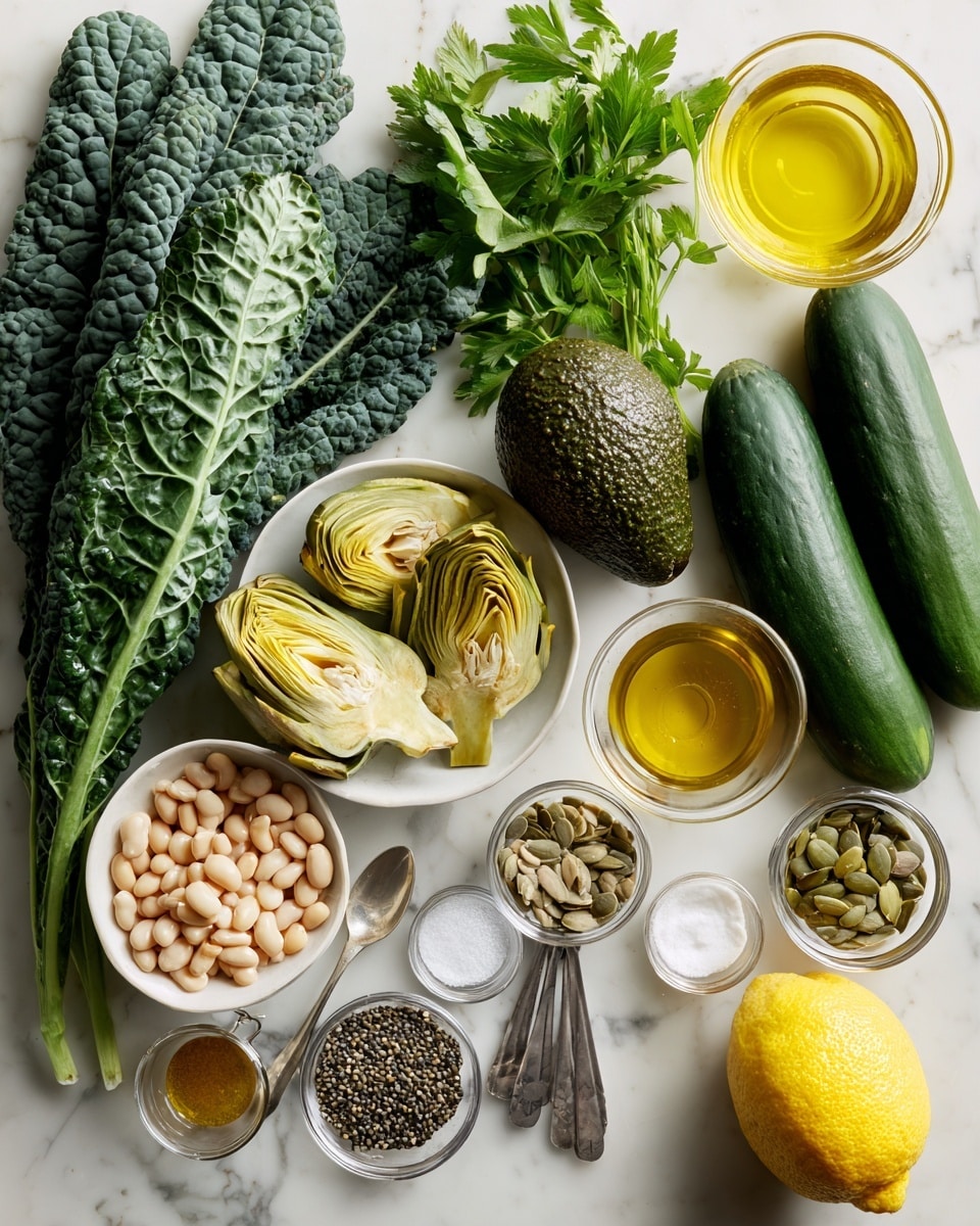 The image shows an arrangement of fresh and dry ingredients on a white marbled surface. On the left, there are deep green lacinato kale leaves with a rough texture, next to a bunch of bright green parsley. Below the parsley, a whole dark green avocado with a bumpy skin sits beside a white bowl filled with light yellow artichoke hearts. To the right of the kale and parsley, two smooth dark green cucumbers lie horizontally. Above them, a white bowl contains light beige cannellini beans. Nearby, small clear bowls hold sunflower seeds, light tan hemp hearts, and green pumpkin seeds. Three measuring spoons filled with white salt, dark amber maple syrup, and creamy Dijon mustard are arranged near the bottom center. At the top, a small clear bowl of golden olive oil, a bright yellow lemon, and a pale single clove of garlic complete the setup. The scene is clean, vibrant, and organized, photographed with an iphone --ar 4:5 --v 7