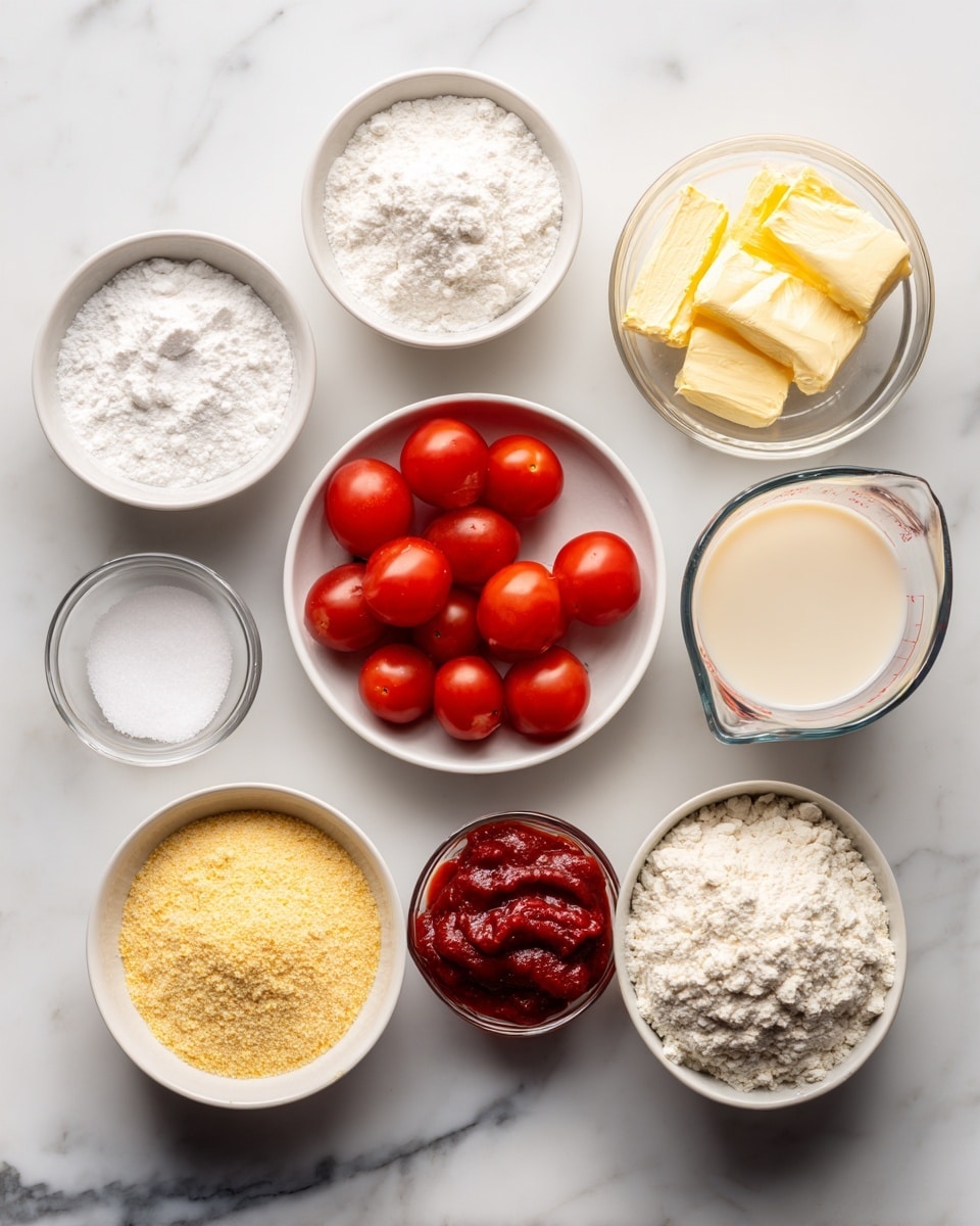 The image shows nine small white bowls and a clear glass measuring cup arranged on a white marbled surface. The top row includes three small white bowls with white powdery ingredients labeled salt, baking soda, and baking powder. To the right is a clear bowl filled with yellow vegan butter. Below it is the clear measuring cup filled with light beige soy milk. At the left center there is a white bowl with bright red cherry tomatoes, some whole and some cut in half showing the juicy inside. Below, a small white bowl holds white sugar, next to a small glass bowl with thick, deep red tomato paste. At the bottom, two larger white bowls hold fluffy white all-purpose flour and fine grainy yellow cornmeal. All items are neatly arranged on the white marbled surface, creating a clean and organized look. Photo taken with an iphone --ar 4:5 --v 7