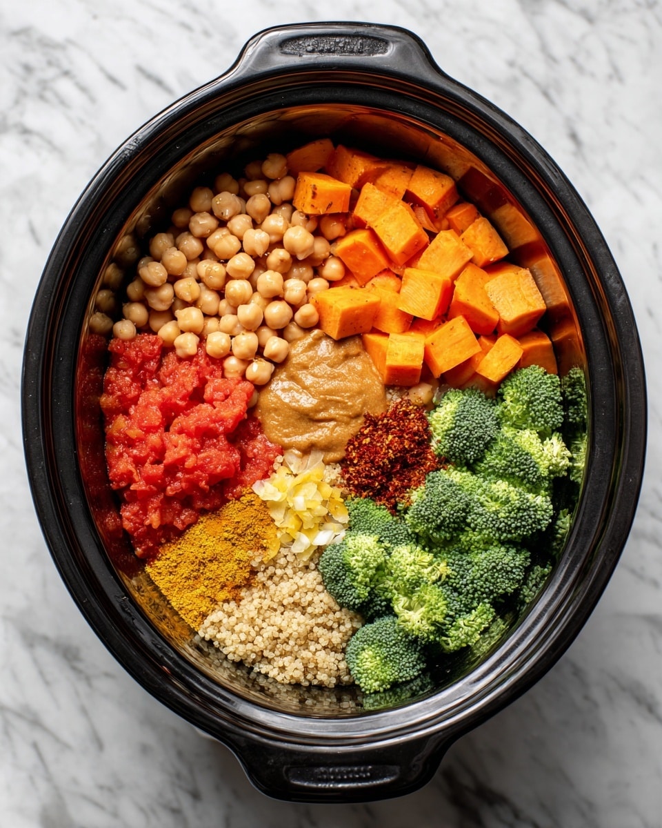 In a black slow cooker, there are seven layers arranged separately but inside the cooker. At the top left, there are light tan round chickpeas. To their right, bright orange chunks of sweet potato sit near the edge. Below the sweet potatoes, there is a round pile of small, light beige quinoa grains. Below the quinoa, fresh green broccoli florets fill the bottom right side. Above the broccoli, there is a medium brown dollop of peanut butter. At the center, pale yellow minced garlic and ginger sits above a mix of dark yellow turmeric powder and red chili flakes. On the left side, bright red chopped tomatoes fill the bottom left section over a background of white cooking liquid and some chopped white onions spread under everything. The cooker is on a white marbled surface. Photo taken with an iphone --ar 4:5 --v 7