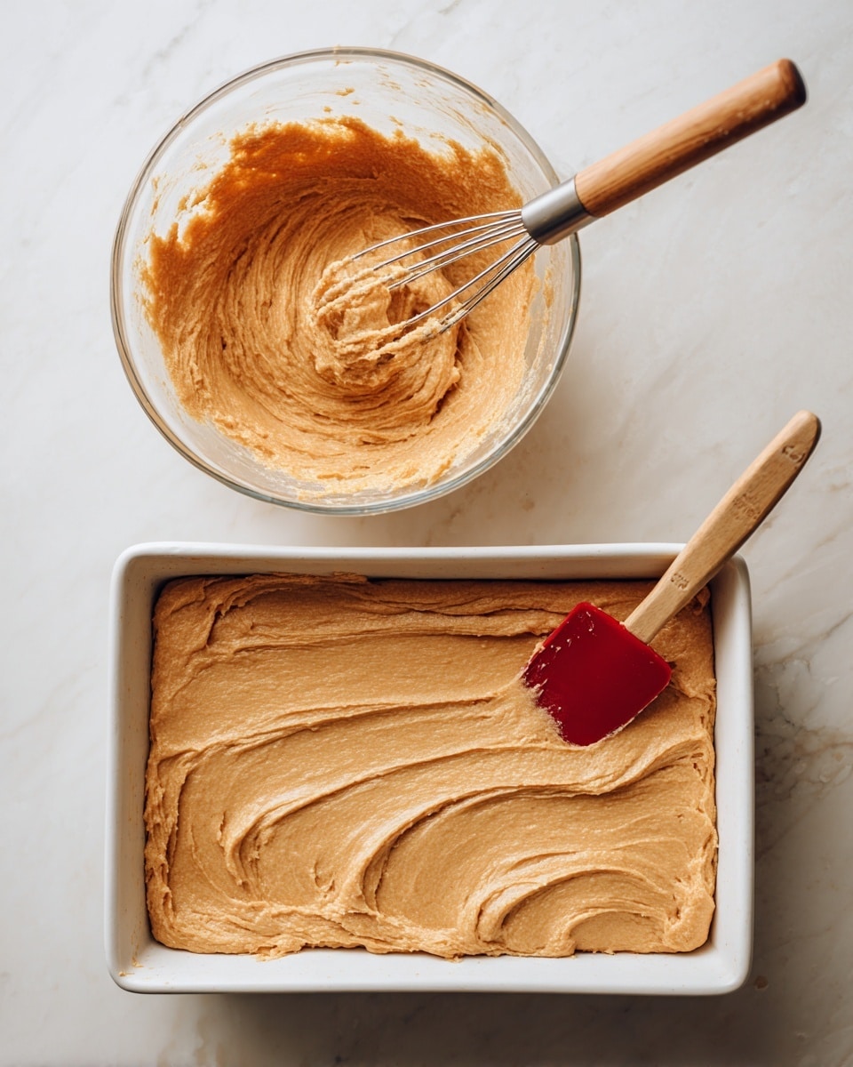 The image is split into two side-by-side parts on a white marbled surface. The left side shows a clear glass bowl filled with smooth, thick, light brown dough with a slightly grainy texture. A metal whisk is partially dipped into the dough, creating soft swirls and ridges. On the right side, a white rectangular baking dish contains an even layer of the same brown dough spread flat. A red spatula with a wooden handle rests diagonally on top of the dough, with some dough stuck to the spatula's edge. The dough has a slightly matte, dense look with gentle swirls from spreading. Photo taken with an iphone --ar 4:5 --v 7