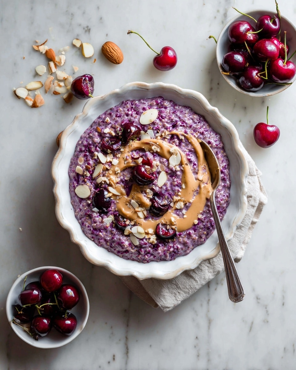 A white scalloped bowl filled with purple thick oatmeal mixed with cherries, with a swirl of light brown nut butter on top and sprinkled with pale almond slices. A metal spoon is placed inside the bowl on the right side. Around the bowl, there are small white bowls with red cherries and sliced almonds on a white marbled surface. photo taken with an iphone --ar 4:5 --v 7