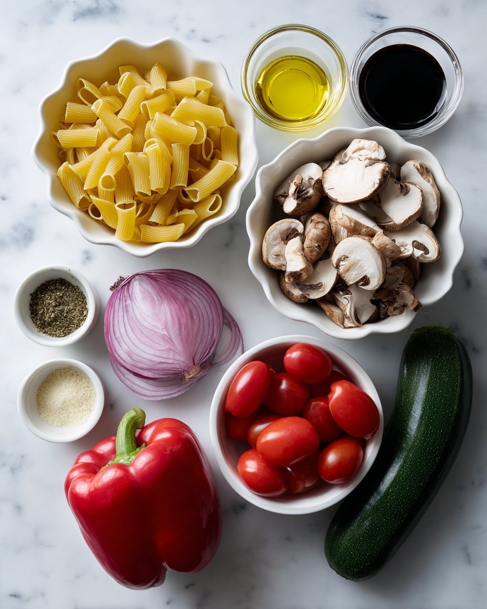 The image shows a top view of several white bowls and fresh vegetables arranged on a white marbled surface. In the center left, there is a white scalloped bowl filled with uncooked yellow pasta tubes. Above it, a small clear glass bowl holds golden olive oil next to a similar bowl with dark balsamic vinegar. To the right, a white bowl contains halved brown mushrooms with white interiors. Below that, a half red onion with purple skin and white layers is placed directly on the surface. Below the onion is a white bowl filled with bright red cherry tomatoes. At the bottom left, a whole shiny red bell pepper rests on the surface alongside two small white bowls: one with light beige garlic powder and the other with greenish Italian seasoning. Along the bottom right edge, a whole dark green zucchini is placed horizontally. The colors stand out brightly against the clean white marbled background. Photo taken with an iphone --ar 4:5 --v 7