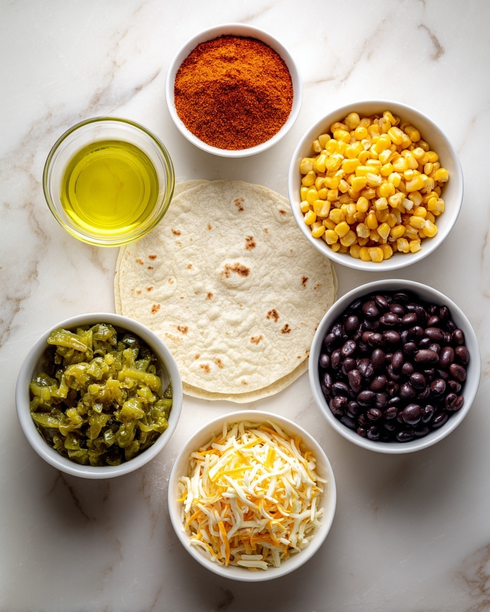 The image shows six small white bowls placed on a white marbled surface around a single large flour tortilla in the center. Starting from the top left and going clockwise, the first bowl contains bright orange-red taco seasoning with a fine powdery texture, followed by a small glass bowl of clear yellow avocado oil. Next to the tortilla, a medium-sized white bowl is filled with golden roasted frozen corn kernels with slight charring spots. Below it, another medium bowl holds shiny black beans, smooth and round. Continuing clockwise, a white bowl full of pale yellow and orange shredded dairy-free cheese sits at the bottom left. To its immediate left, a bowl contains chunky canned green chiles with a moist texture in shades of green. In the middle, above the tortilla, there is a small white bowl containing a beige powder labeled garlic powder. The overall setup is tidy and evenly spaced, with soft natural lighting highlighting the colors and textures, photo taken with an iphone --ar 4:5 --v 7