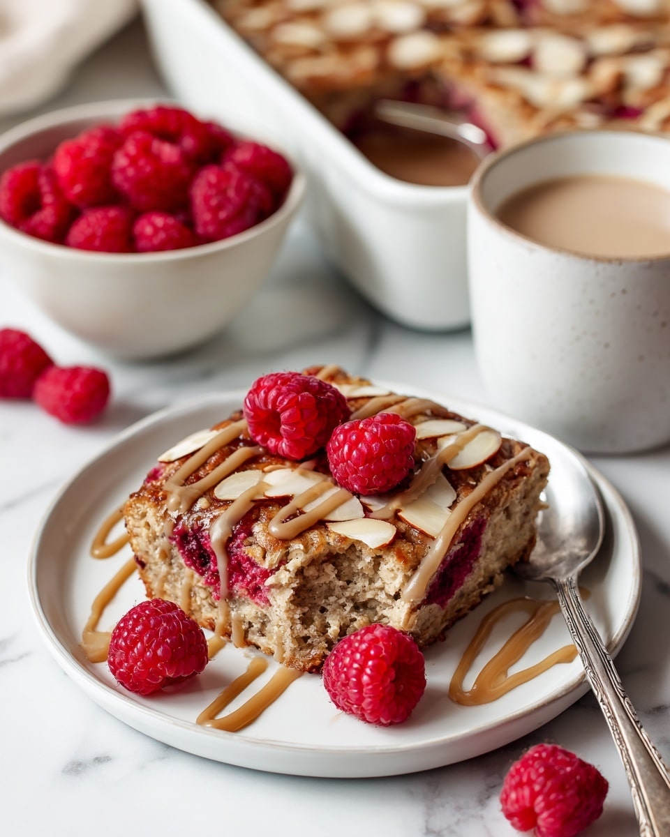 The image shows a close-up of a baked dish in a white rectangular pan placed on a white marbled surface. The dish has two visible layers: a moist, dense base with a mix of reddish and beige tones and a top layer covered evenly with thin, toasted almond slices that give a crunchy texture and light golden-brown color. A metal spatula with a wooden handle is lifting a square piece, revealing the soft texture inside with bits of red fruit or berry embedded within. To the right, part of a white bowl filled with bright red raspberries is visible. photo taken with an iphone --ar 4:5 --v 7