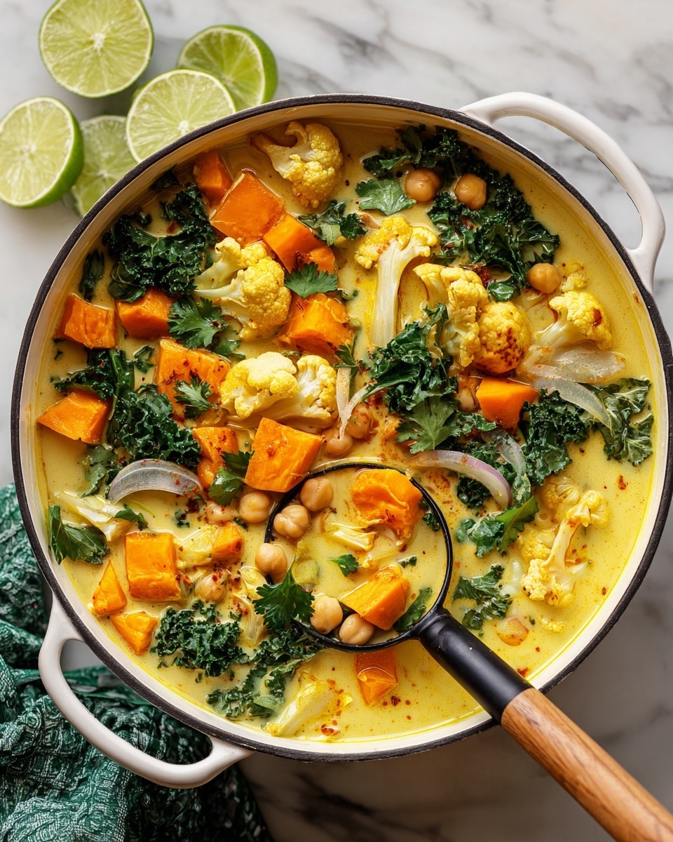 The image shows a white pot filled with a rich, creamy yellow curry soup. Inside the soup, there are visible layers of orange sweet potato cubes, light yellow cauliflower florets, dark green kale leaves, and round beige chickpeas. Thin slices of white onion are also scattered throughout. A black ladle with a wooden handle is partially submerged in the soup, scooping some of the ingredients. The pot rests on a white marbled surface with lime halves and wedges nearby, and a green cloth is seen at the bottom left corner. photo taken with an iphone --ar 4:5 --v 7