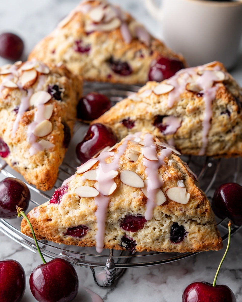 The image shows several triangular scones on a silver wire rack over a white marbled surface, each golden brown with a slightly rough texture. The scones have dark cherry pieces embedded throughout, with a few sliced almond flakes scattered on top. A light pink glaze is drizzled over each scone, adding a shiny contrast to the matte surface. Some whole cherries are placed around the scones, adding a deep red color to the scene. The lighting is bright, highlighting the crisp edges and soft inside of the scones. Photo taken with an iphone --ar 4:5 --v 7