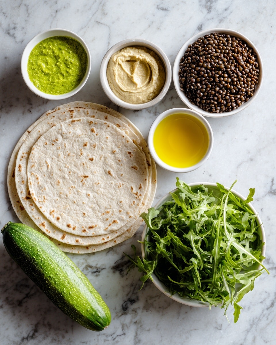 A large round tortilla wrap lies flat on a white marbled surface, surrounded by small white bowls containing different ingredients. At the top left is a small white bowl filled with bright green sauce with a slightly chunky texture, beside it is a small bowl with smooth light tan garlic hummus. A small bowl of clear golden yellow olive oil is positioned on the upper center edge of the tortilla. At the top right, there is a white bowl filled with dark brown cooked lentils, showing a soft and moist texture. Below the lentils, a white bowl holds fresh, bright green arugula leaves with a slightly rough texture. To the left of the arugula, a whole medium green cucumber with a bumpy surface lies on the white marbled background. The arrangement creates a neat visual of fresh and natural ingredients ready for assembling a wrap, photo taken with an iphone --ar 4:5 --v 7