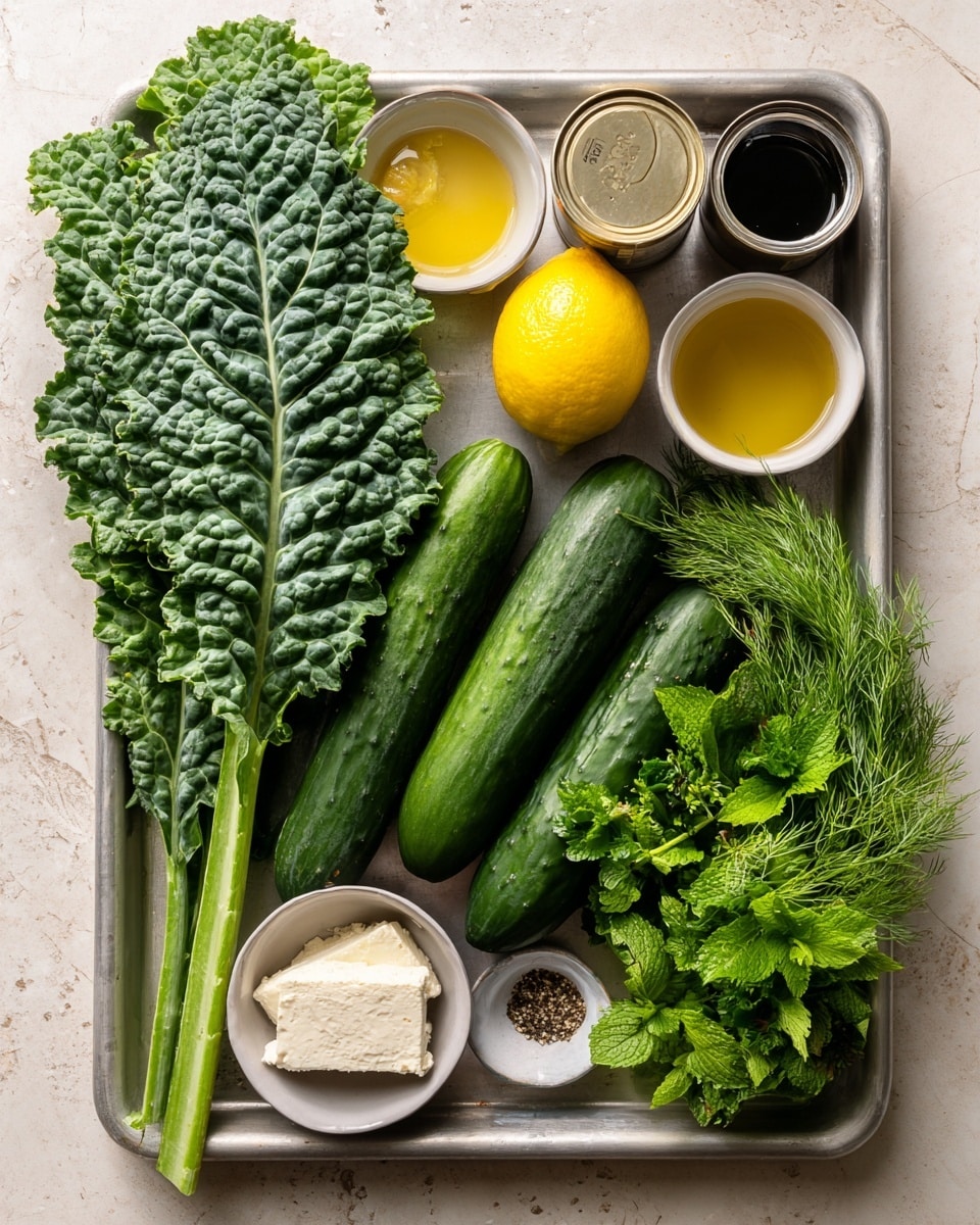 A flat silver tray is laid on a white marbled surface, holding fresh ingredients arranged neatly. On the left, several long green kale leaves with a bumpy texture stand upright. To the right of the kale, three glossy green cucumbers lie side by side horizontally. Above the cucumbers, a yellow lemon sits next to a small white bowl of honey and another small white bowl containing olive oil, which is deep greenish-yellow. A can of chickpeas is placed at the top right corner. Below the lemon and bowls, a pile of bright fresh herbs including parsley, dill, and mint fills the bottom right corner. Near the herbs, a small gray bowl holds a block of white feta cheese with a crumbly texture. There is also a small white bowl of creamy tan tahini and another small white bowl containing salt and black pepper near the bottom left corner of the tray. photo taken with an iphone --ar 4:5 --v 7