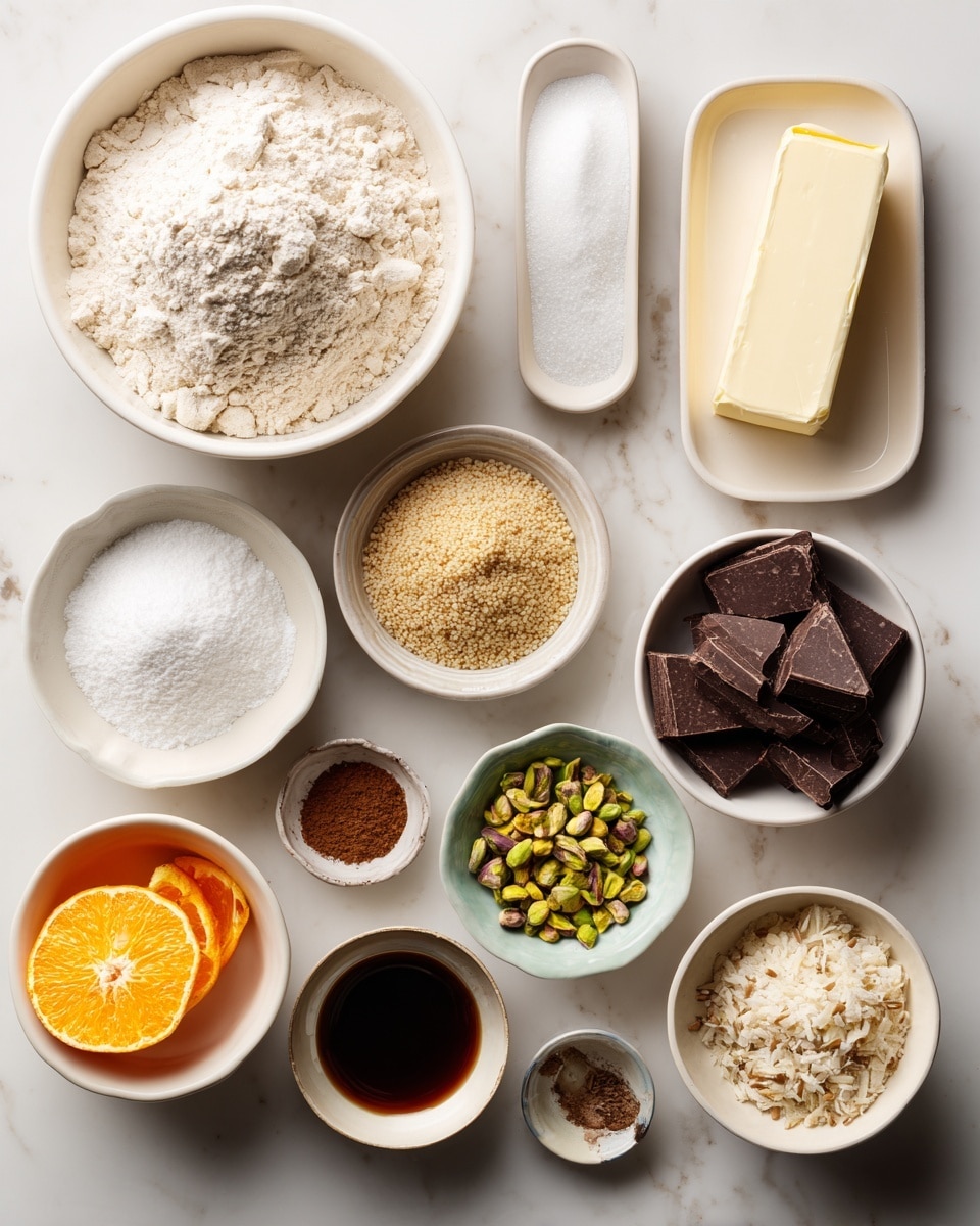 The image shows a flat lay of baking ingredients arranged neatly on a white marbled surface. There are eleven white bowls and dishes holding different ingredients: one large bowl filled with light beige all-purpose flour, a long rectangular white dish with a stick of vegan butter, a small bowl with white baking powder, baking soda, and kosher salt, a round bowl of brown sugar, a bowl of golden flax seed, and a bowl with dark brown dairy-free dark chocolate chunks. Another bowl contains green pistachios, and separate ingredients outside the bowls include an orange with bright orange zest and a small bowl with dark brown vanilla extract. The ingredients are organized in balanced groups, each clearly visible, with a clean and simple layout. Photo taken with an iphone --ar 4:5 --v 7