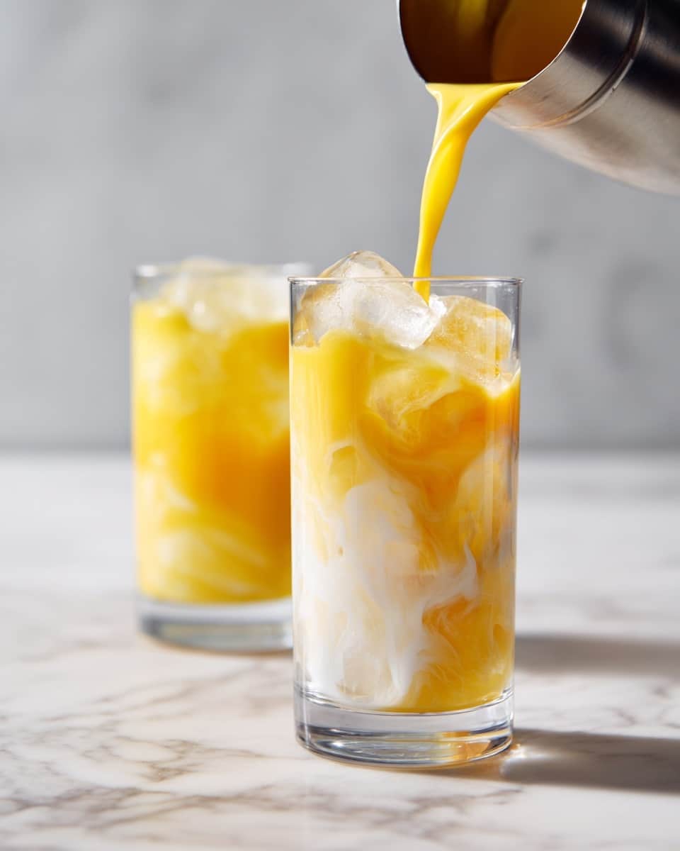 Two tall clear glasses filled with a creamy yellow drink with small orange specks visible inside. Each glass has many small ice cubes on the top and a white straw sticking out. The background is a soft beige with a white marbled surface below the glasses. The second glass is slightly blurred behind the first, showing the same drink and ice details. photo taken with an iphone --ar 4:5 --v 7