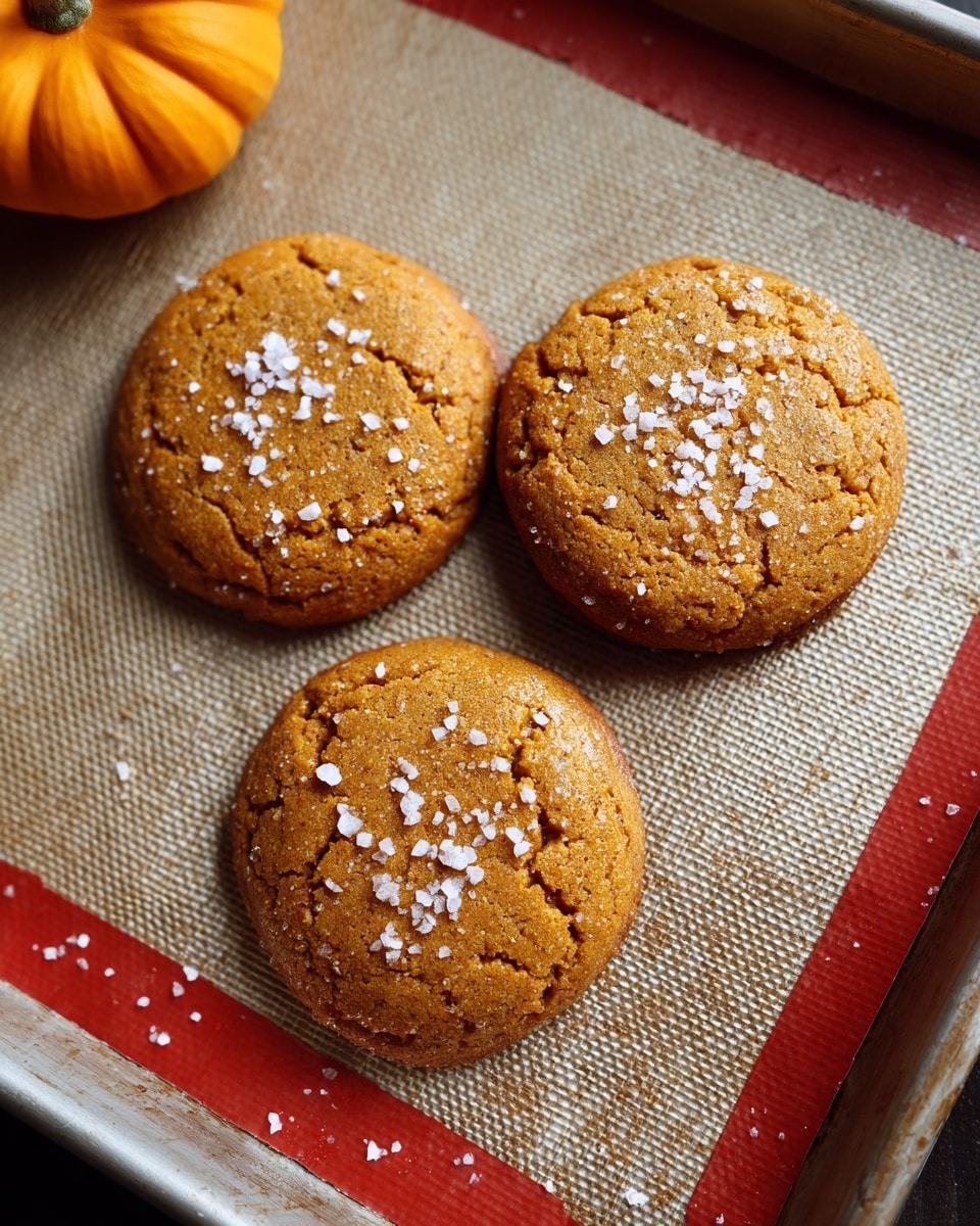 The image shows three golden-brown round biscuits with a slightly rough texture on top, sprinkled with coarse white salt flakes. They are placed on a beige silicone baking mat with a red edge inside a silver metal baking tray. The biscuits have small cracks on their surfaces, giving them a rustic look. To the side, there is a small orange pumpkin visible, adding a pop of color to the scene. The photo is taken from above with natural light. photo taken with an iphone --ar 4:5 --v 7