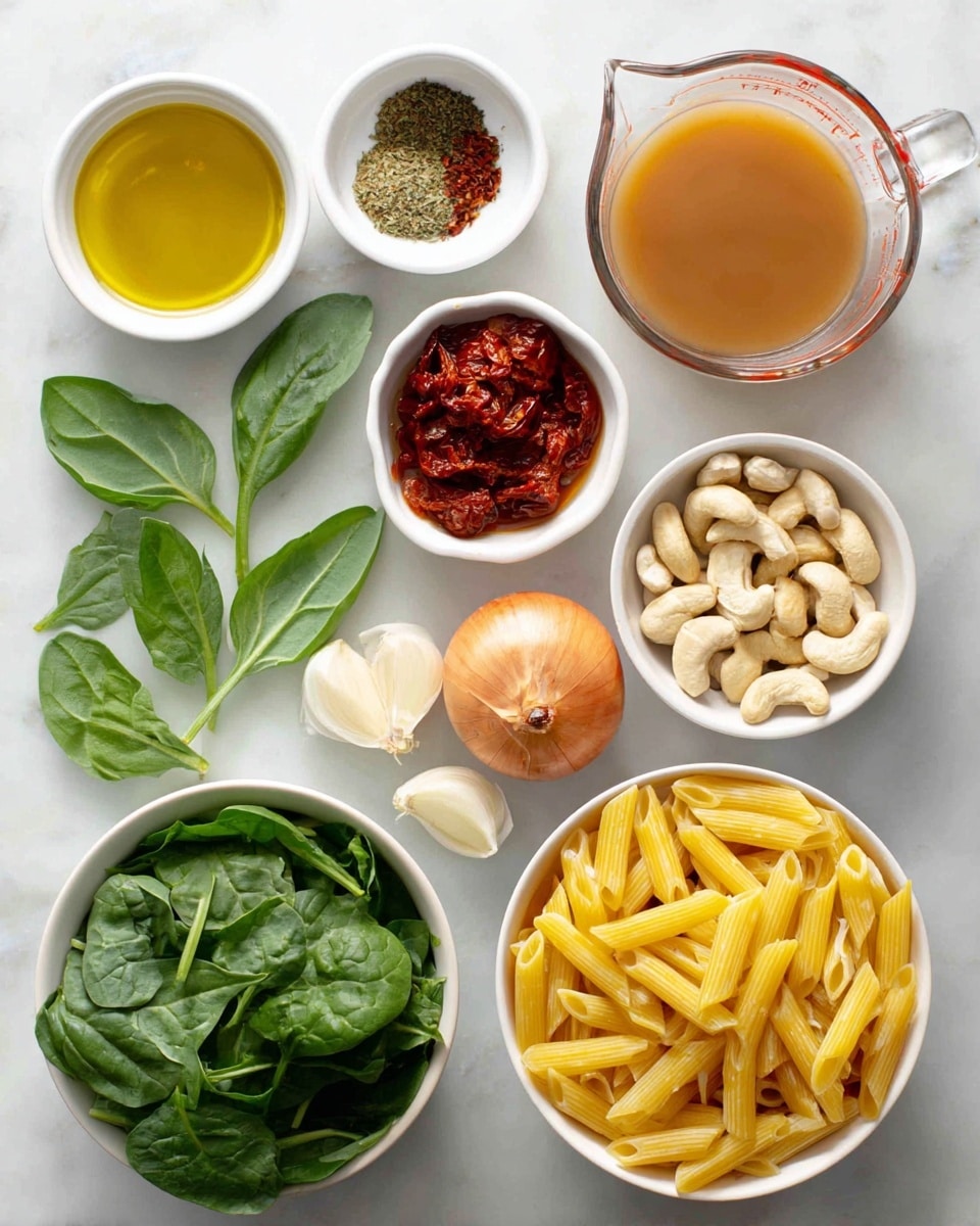 An overhead view on a white marbled surface shows various ingredients for cooking. In the center right, a white bowl holds dry yellow penne pasta. Above it, a clear glass measuring cup is filled with light brown broth. To its left, three small white bowls contain olive oil, dried herbs with red chili flakes, and thick red tomato paste. Below them, another white bowl is filled with raw cashew nuts. On the bottom left, a white bowl holds fresh green spinach leaves, and fresh green basil stems lie nearby to the right. A whole light brown onion and two peeled garlic cloves are placed between the ingredients, with a small jar of sun-dried tomatoes near the onion. Photo taken with an iphone --ar 4:5 --v 7