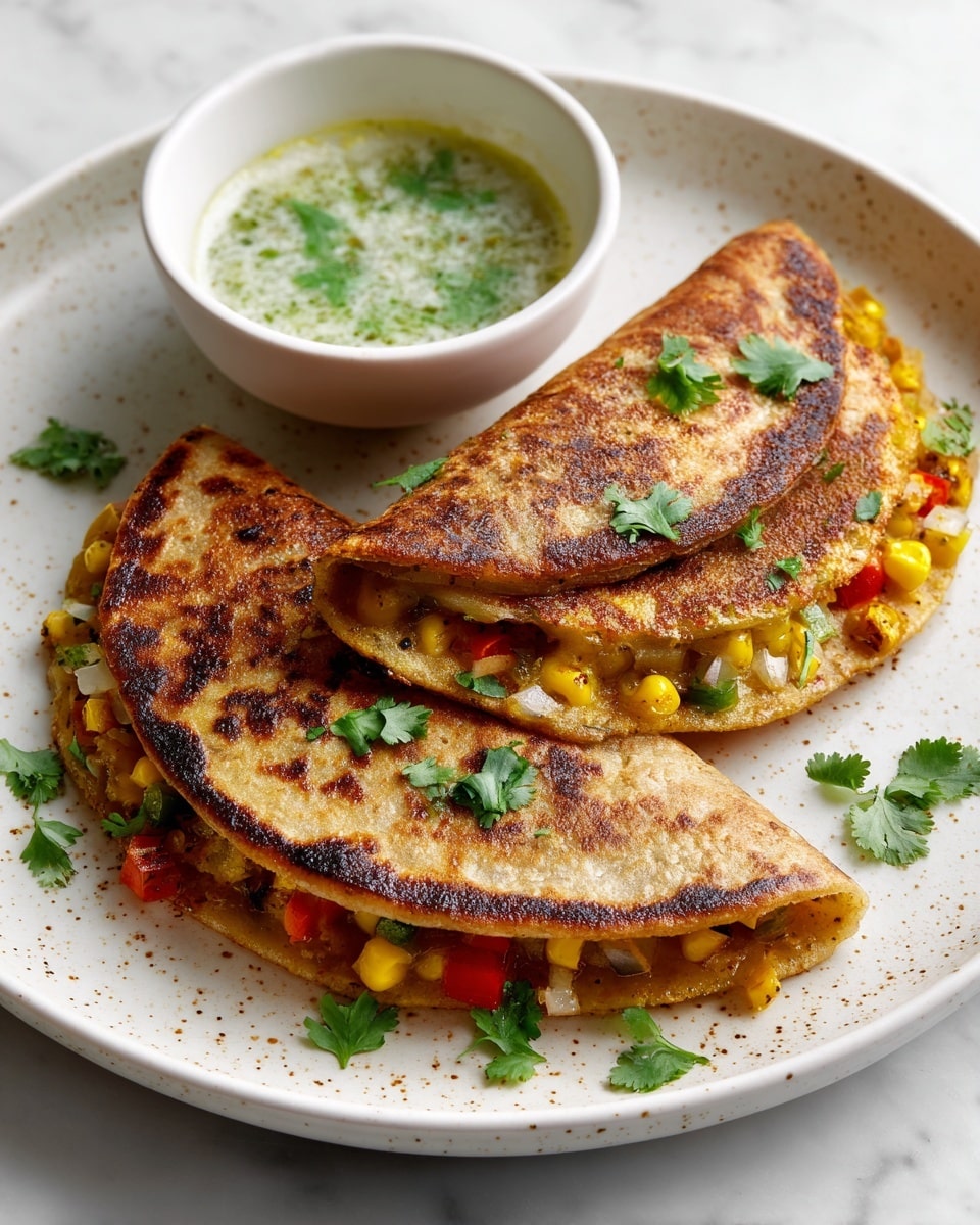 Two folded, toasted flatbreads with a crispy dark brown outer layer, showing a filling of yellow corn, red peppers, and small bits of greens inside. The flatbreads are placed on a white plate with light brown speckles and garnished with scattered fresh green cilantro leaves. Next to the flatbreads is a small white bowl filled with a pale green sauce with visible herb pieces floating on top. The plate sits on a white marbled surface. Photo taken with an iphone --ar 4:5 --v 7