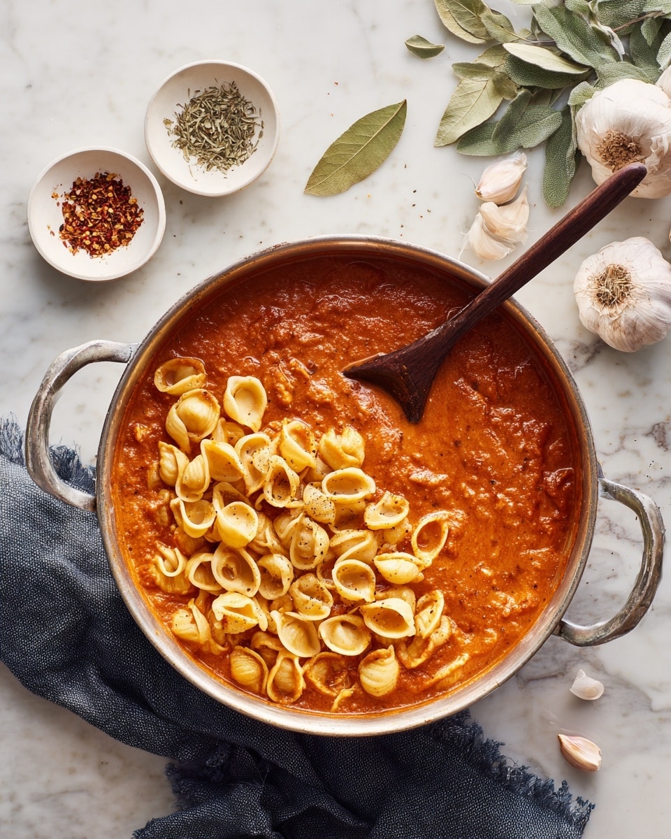 A large silver pot with two handles contains two main layers: a smooth, rich orange tomato sauce as the bottom layer, topped with a mound of curled pale yellow pasta shells. A wooden spoon with a dark tip rests in the pot, partially submerged in the sauce near the pasta. Surrounding the pot on a white marbled surface are small white bowls with dried bay leaves, green herbs, and crushed red pepper flakes. A sliced garlic bulb with white cloves and a dark blue cloth beneath the pot add more texture and color to the scene. Photo taken with an iphone --ar 4:5 --v 7