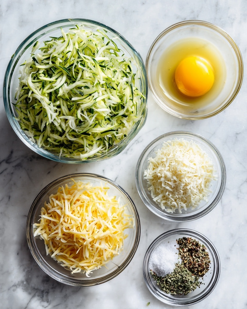 The image shows five clear glass bowls placed on a white marbled surface. The largest bowl is filled with shredded green zucchini, showing a mix of light and dark green colors and a moist texture. To its right, a medium-sized bowl contains a raw egg with a bright yellow yolk clearly visible in the center and transparent egg white around it. Below the zucchini bowl, there are three smaller bowls: one has finely shredded orange cheddar cheese, another contains white grated Parmesan or similar cheese with a coarse texture, and the last one holds a mix of dry spices including black pepper, ground white powder, and green herbs. All bowls are transparent showing their vibrant contents clearly. Photo taken with an iphone --ar 4:5 --v 7