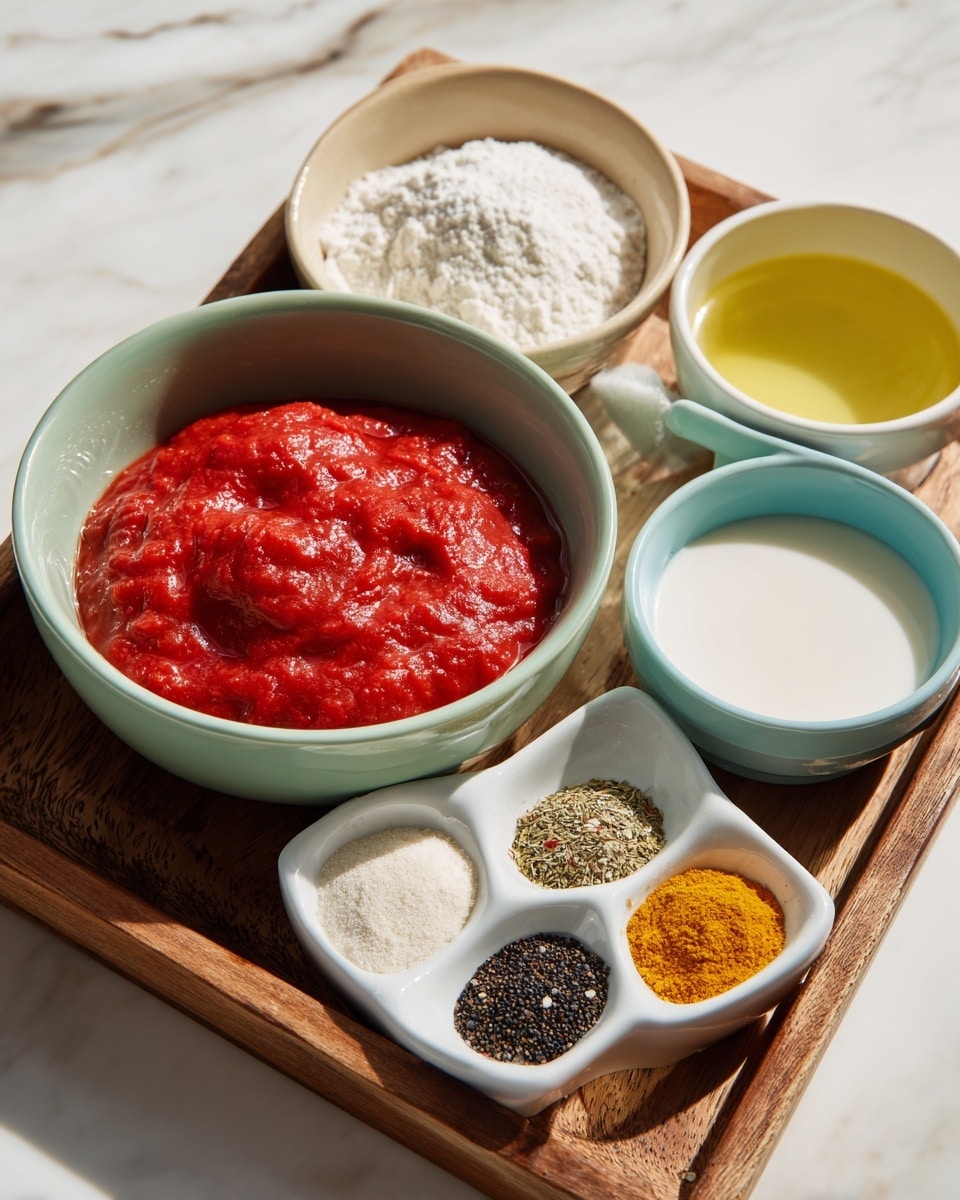 A wooden tray holds a set of small white and light blue ceramic bowls with various ingredients. In the front, a large light green bowl is filled with chunky, bright red tomato sauce with a thick texture. To the upper right, there is a beige ceramic bowl filled with white liquid, likely milk or cream. Next to it, a small light blue bowl contains a clear yellow oil. Behind the tomato sauce bowl, a white bowl contains white flour and light brown sugar. In the lower left corner of the tray, a white bowl divided into sections holds colorful dry spices, including red, black, white, yellow, and greenish herbs. The whole setup is placed on a light background with a white marbled texture. The image is bright and clear, photo taken with an iphone --ar 4:5 --v 7