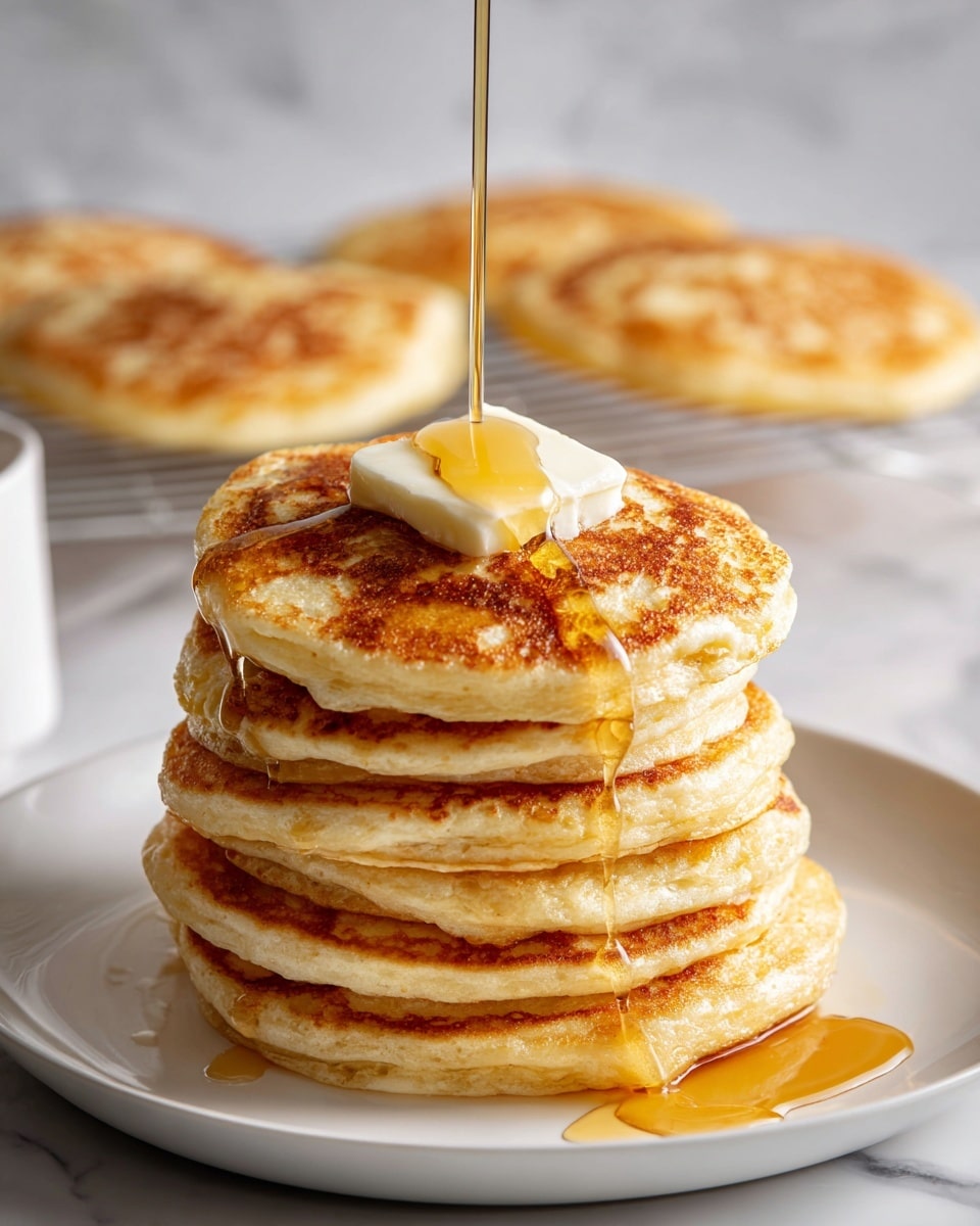 The image shows a stack of twelve round pancakes placed closely together on a metal cooling rack. The pancakes have a golden brown color with some darker brown spots on the top surfaces. They have a soft, slightly fluffy texture with smooth edges. The cooling rack is set on a white marbled surface, and the pancakes are evenly cooked, with some pancakes overlapping slightly. photo taken with an iphone --ar 4:5 --v 7