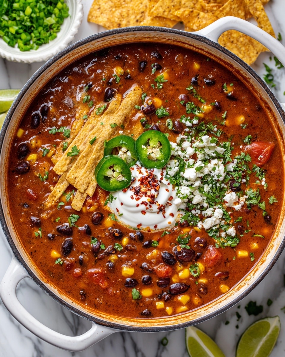 A white bowl filled with a thick reddish-brown soup containing visible pieces of corn, black beans, and finely chopped greens. On top, there are three layers of toppings: first, a layer of crunchy golden-yellow tortilla strips spread around one side; second, a dollop of white sour cream placed near the center with a sprinkle of red chili flakes on top; third, slices of green jalapeño and a few sprigs of fresh green cilantro arranged next to a lime wedge sitting on the edge of the bowl. The bowl is set on a white marbled surface with a silver spoon placed to the side. Photo taken with an iphone --ar 4:5 --v 7
