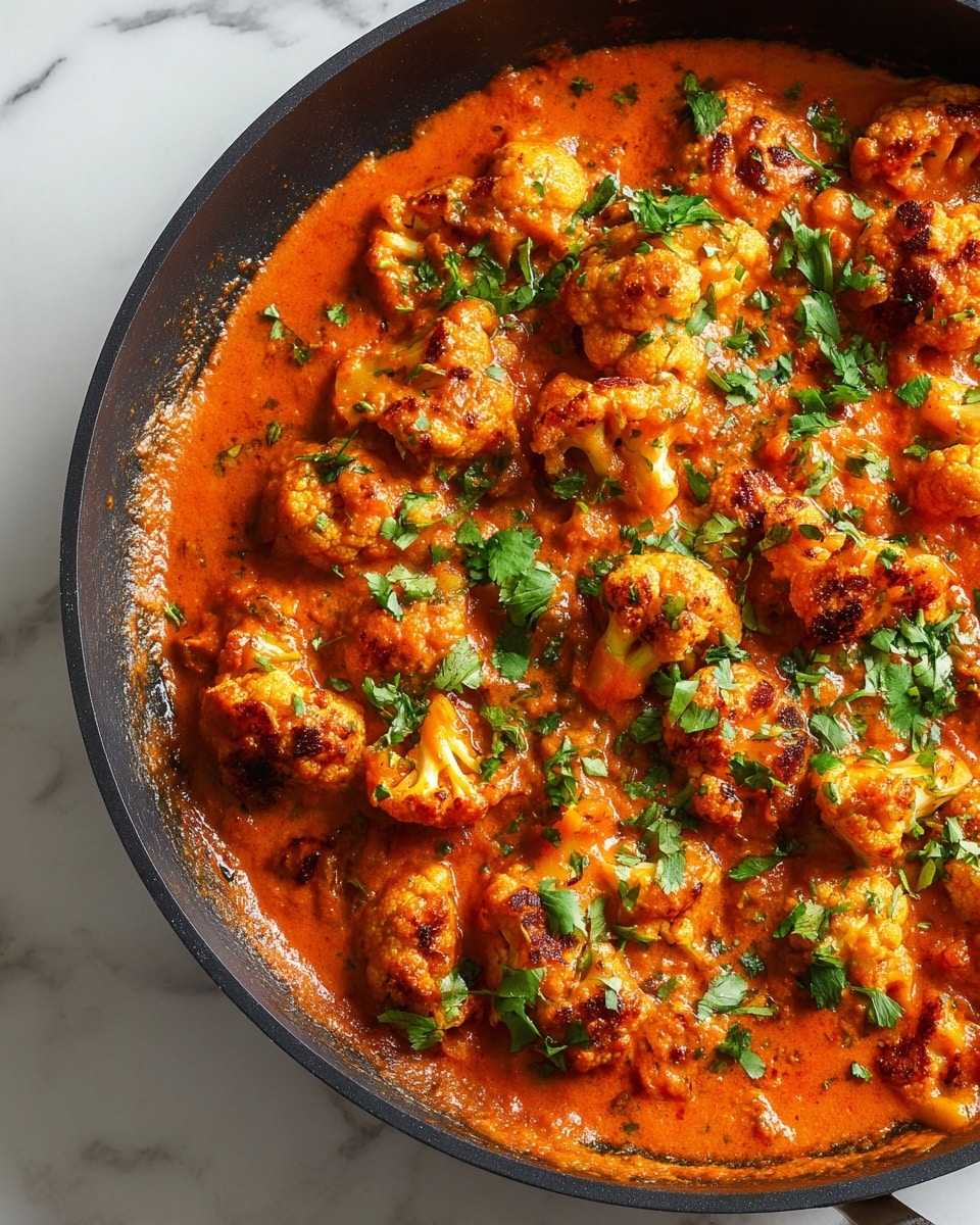 A close-up view of a black skillet filled with a thick, smooth orange-red sauce that covers evenly the large florets of roasted cauliflower, which have a slightly browned texture from roasting. Bright green cilantro leaves are scattered on top, adding contrast and freshness to the warm colors of the dish. The skillet sits on a white marbled surface. Photo taken with an iphone --ar 4:5 --v 7