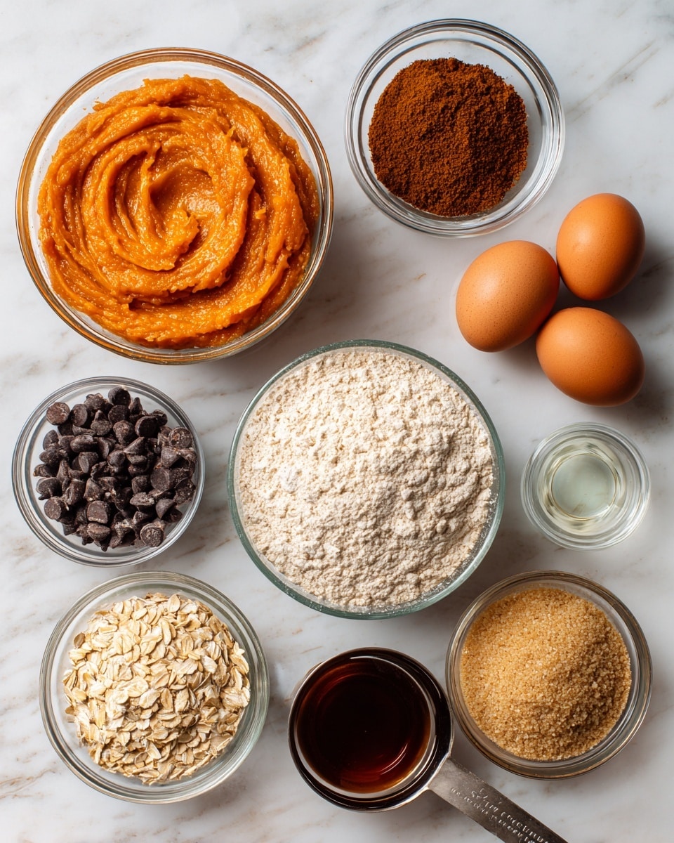 The image shows several clear glass bowls and a white marbled surface with baking ingredients arranged neatly. At the top left, there is a bowl filled with smooth, orange pumpkin puree with swirled texture. Next to it is a smaller bowl with dark brown, finely ground pumpkin pie spice. Two brown eggs are placed side by side to the right. Below the pumpkin puree is a bowl full of light beige rolled oats, and next to it is a larger bowl of fine oat flour, pale beige in color with a powdery texture. Underneath the oat flour is a metal measuring cup holding dark chocolate chips that look round and shiny. To the right, a small glass bowl contains clear liquid coconut oil. Below the oats is a bowl of light brown coconut sugar with a grainy texture. Lastly, at the bottom right is a small glass bowl of thick, dark maple syrup. All items are arranged neatly on a white marbled surface. photo taken with an iphone --ar 4:5 --v 7