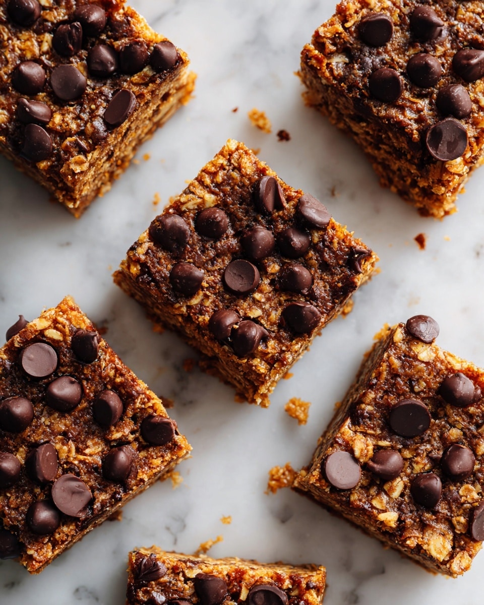 A stack of four thick, square oat bars is shown on a white marbled surface, each bar packed with visible rolled oats and scattered dark chocolate chunks. The bars have a rough, chewy texture with a light brown color mixed with the darker spots of melted chocolate that peek through. The top bar has a small bite taken out of its corner, revealing the dense, moist inside filled with oats and chocolate. In the blurred background, more of the same bars are lightly stacked. Photo taken with an iphone --ar 4:5 --v 7