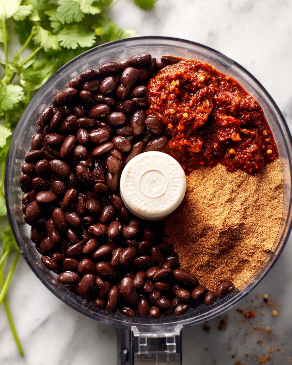 A clear food processor bowl is filled with shiny dark brown whole beans covering most of the space. On one side of the beans, there is a heap of red chunky sauce with visible small bits and on the other side is a pile of light brown powder spice. The food processor blade is in the center, white with a circular design. The bowl is set on a white marbled surface, and some fresh green cilantro leaves are partially visible in the background. photo taken with an iphone --ar 4:5 --v 7