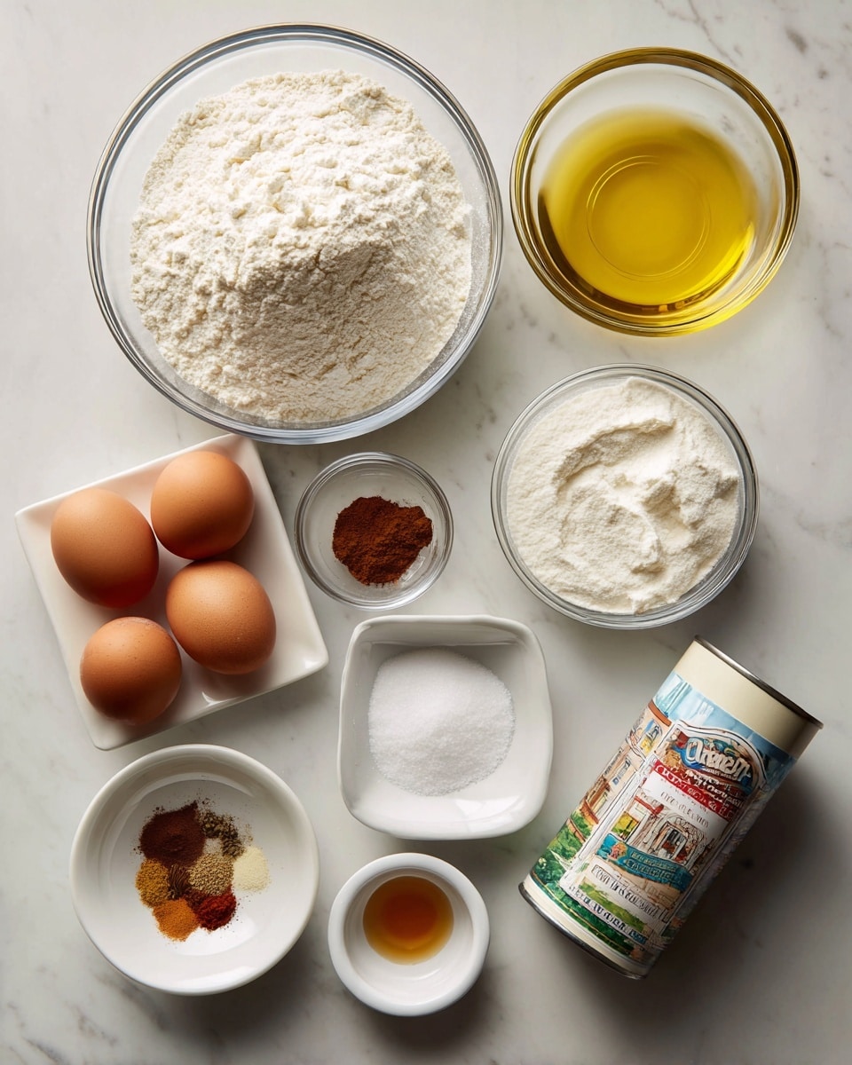 Top view of several baking ingredients arranged neatly on a white marbled surface. There are nine items in total: a large clear glass bowl filled with white flour at the top left, a slightly smaller clear glass bowl filled with golden yellow olive oil at the top right, a medium clear glass bowl filled with off-white sugar in the middle right, three brown eggs placed close together in the center left, a small white square dish containing assorted chai spices in shades of brown and beige in the center, a can of coconut cream with a colorful label at the bottom right, a small clear glass bowl with white salt below the chai spices, a small clear glass bowl containing light amber vanilla extract at the bottom left, and two small white bowls holding white baking soda and powder placed near the eggs. Each ingredient is clearly visible and labeled with black text on white backgrounds. Photo taken with an iphone --ar 4:5 --v 7