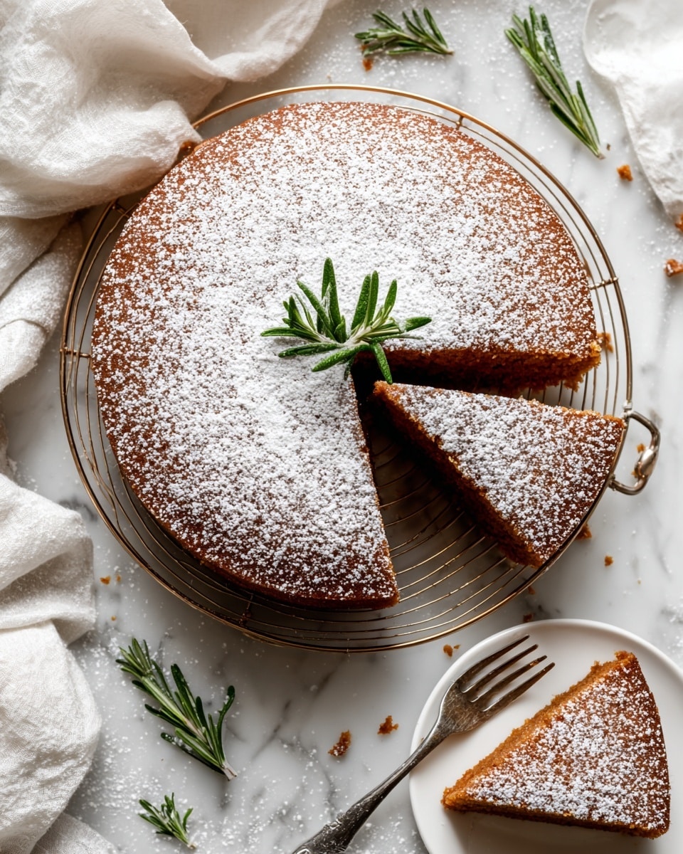 A round, single-layer brown cake sits on a wire rack with a golden frame, dusted heavily with white powdered sugar evenly covering the entire top surface. In the middle of the cake, a small green rosemary sprig is placed as decoration. One triangular slice has been removed from the cake, showing the moist and soft brown crumb inside. The slice is placed on a small white plate at the bottom right corner of the image, also dusted with powdered sugar on top. A silver fork rests on the white marbled surface next to the slice, and scattered powdered sugar and crumbs are visible around the cake and plate. There are extra small rosemary sprigs placed casually on the white marbled background. The scene includes a soft white cloth draped on the left and top edges. The photo taken with an iphone --ar 4:5 --v 7