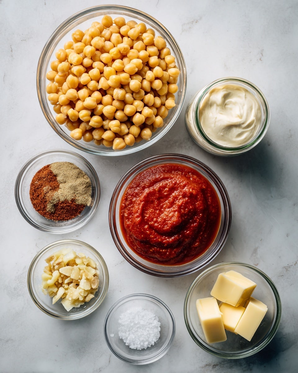The image shows six ingredients placed on a white marbled surface, each in clear glass bowls of different sizes. At the top left, there is a large bowl filled with golden yellow chickpeas. To the right, a small jar contains smooth white cream. Below the chickpeas, a medium bowl holds a rich red tomato passata with a thick texture. To the left of the tomato passata, a small bowl displays a mix of ground spices in shades of deep red, brown, and tan. Below the spices, another small bowl has finely chopped ginger and garlic in pale yellow and off-white. At the bottom right, a small bowl contains two smooth, pale yellow slices of butter. Near the center is a tiny bowl with white salt crystals. The ingredients are neatly arranged and well spaced, with clear focus and even lighting. photo taken with an iphone --ar 4:5 --v 7